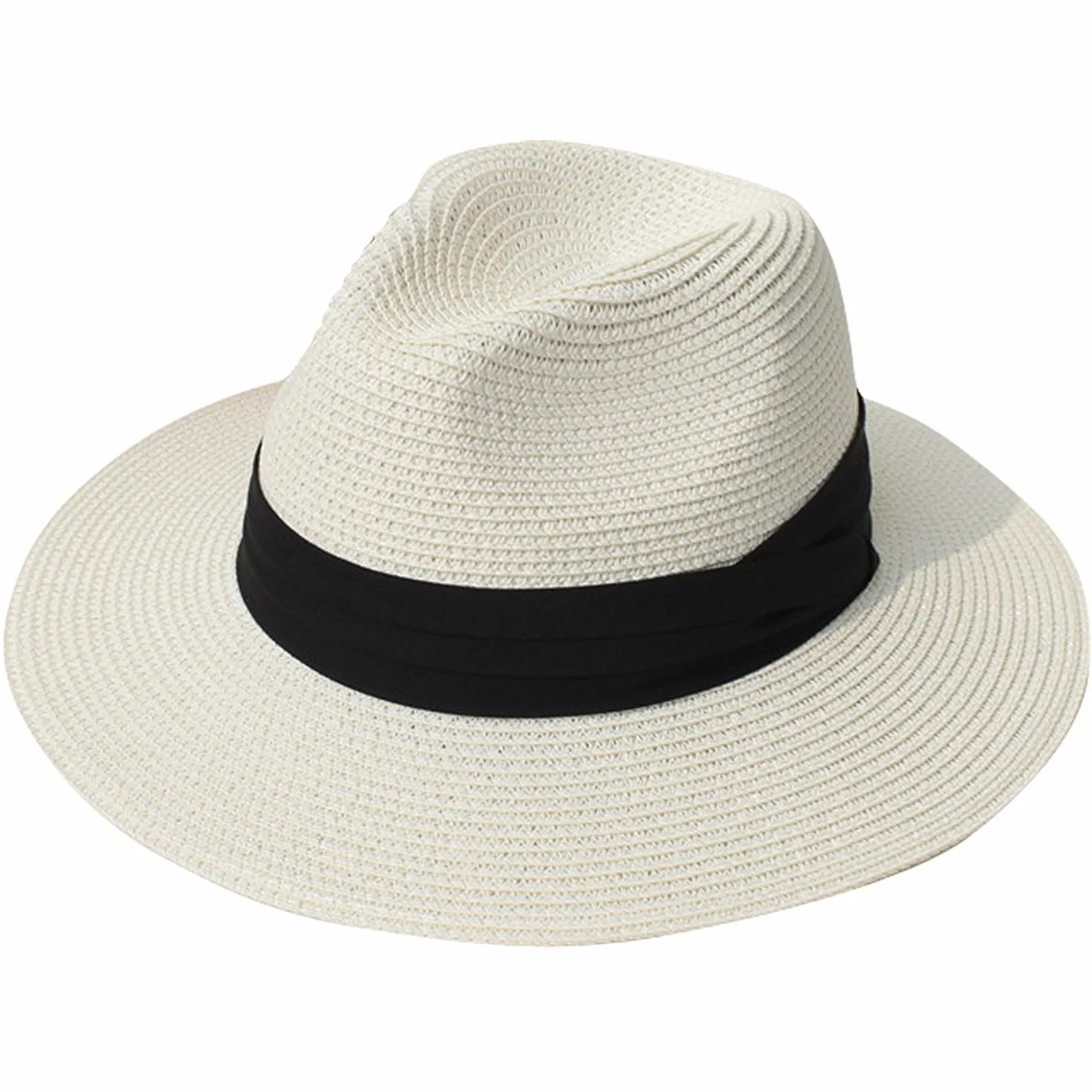 DRESHOW Damski kapelusz z Szerokim Rondem ze Słomy Panama Zwijana czapka Fedora Beach Sun Hat UPF 50+