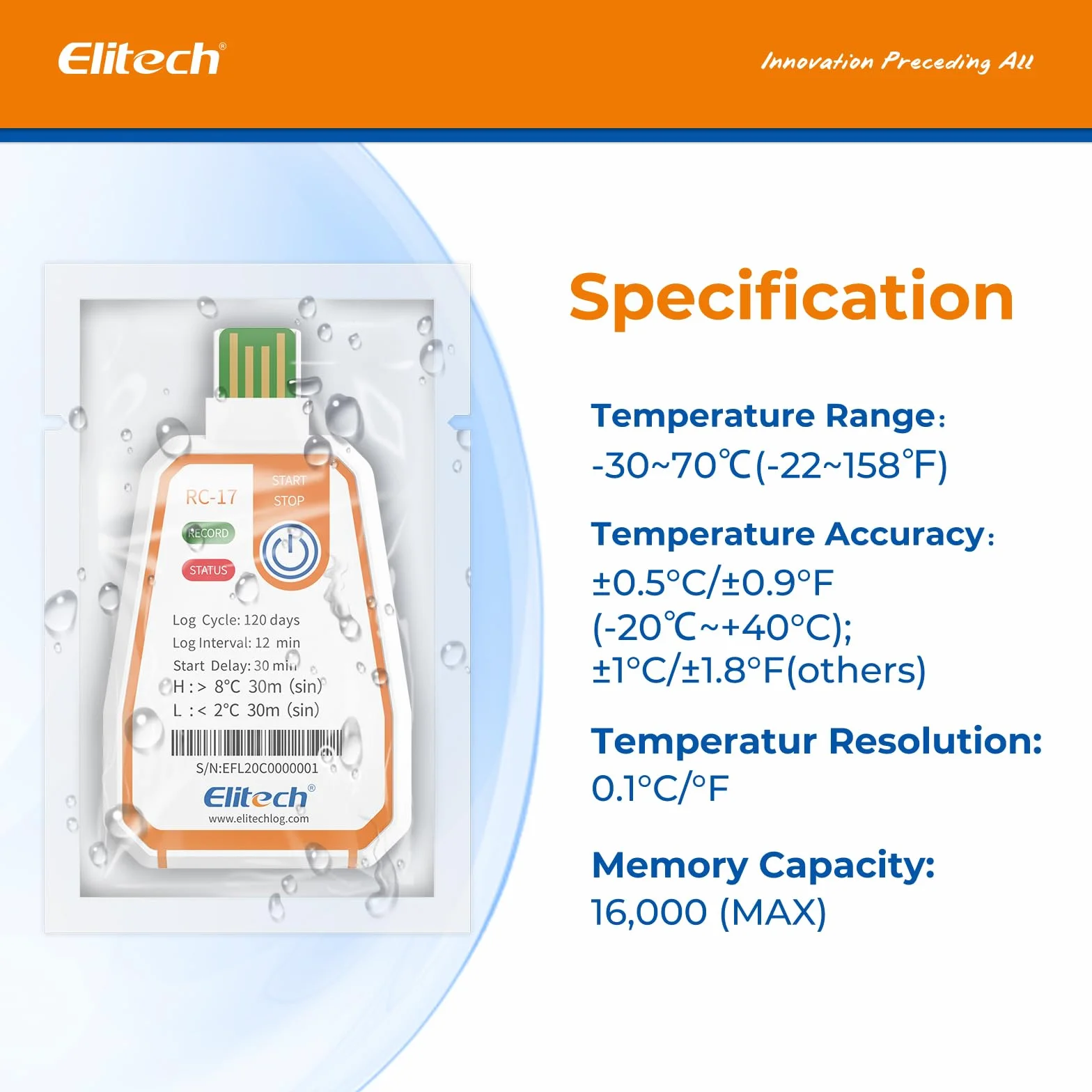 Elitech RC-17 Jednorazowy rejestrator temperatury USB 180 dni ciągłe nagrywanie 16000 rekordów w zakresie żywności leczniczej i łańcuchów chłodzących ze szczepionką, funkcja alarmu, ochrona IP67