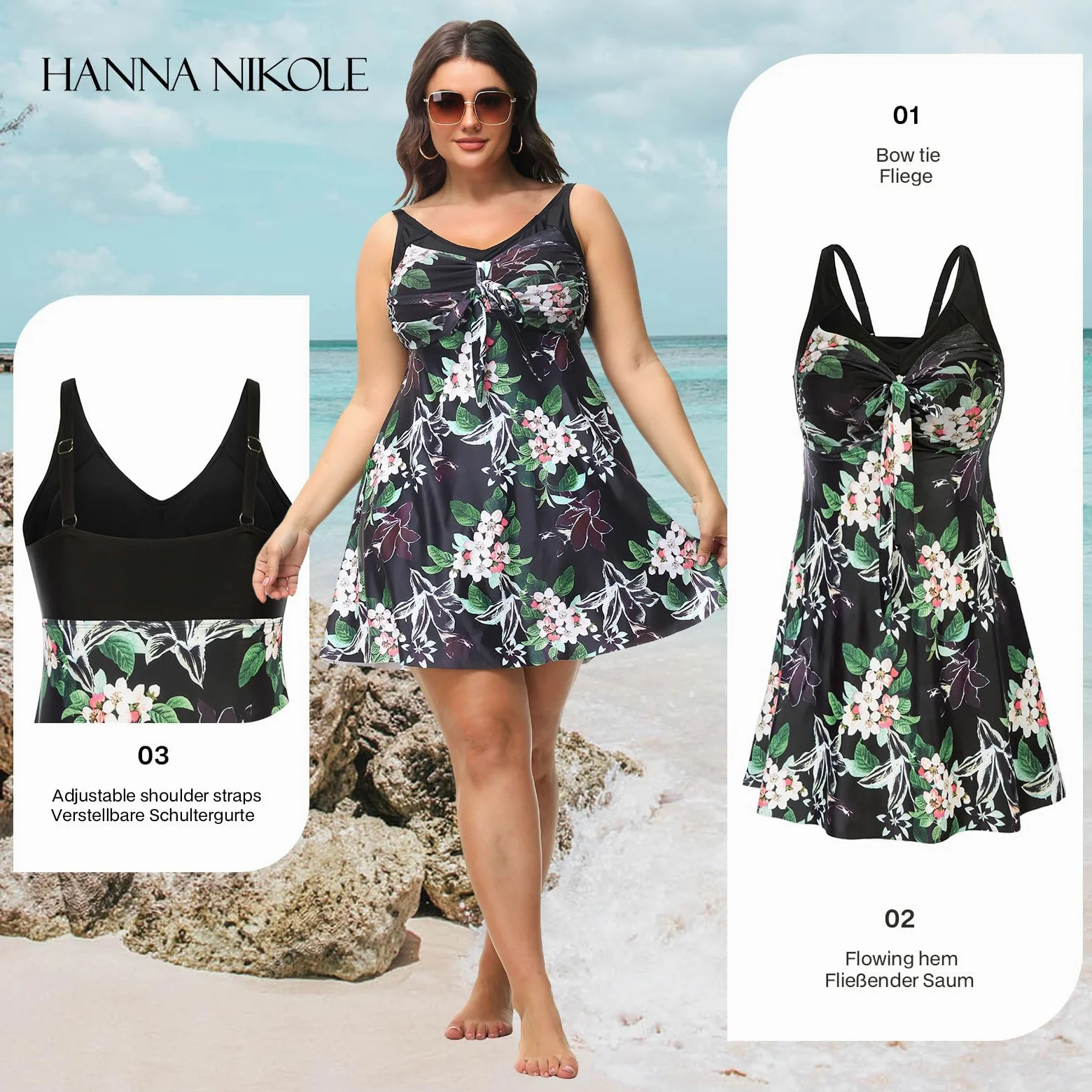 Hanna Nikole Tankini damski zestaw dużych rozmiarów, nadruk kwiatowy, sukienka kąpielowa, wyszczuplający brzuch, dwuczęściowy kostium kąpielowy z szortami chłopięcymi