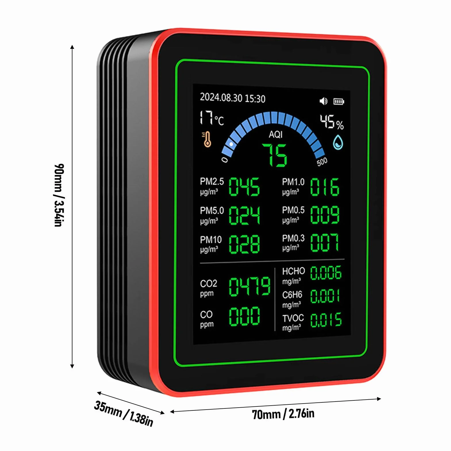 Miernik Jakości Powietrza 18 w 1 CO2 TVOC HCHO PM2.5 PM10 Temp Humid Detect Tester Wewnętrzny Zasilany Bateryjnie Przechowywanie Danych Czarny