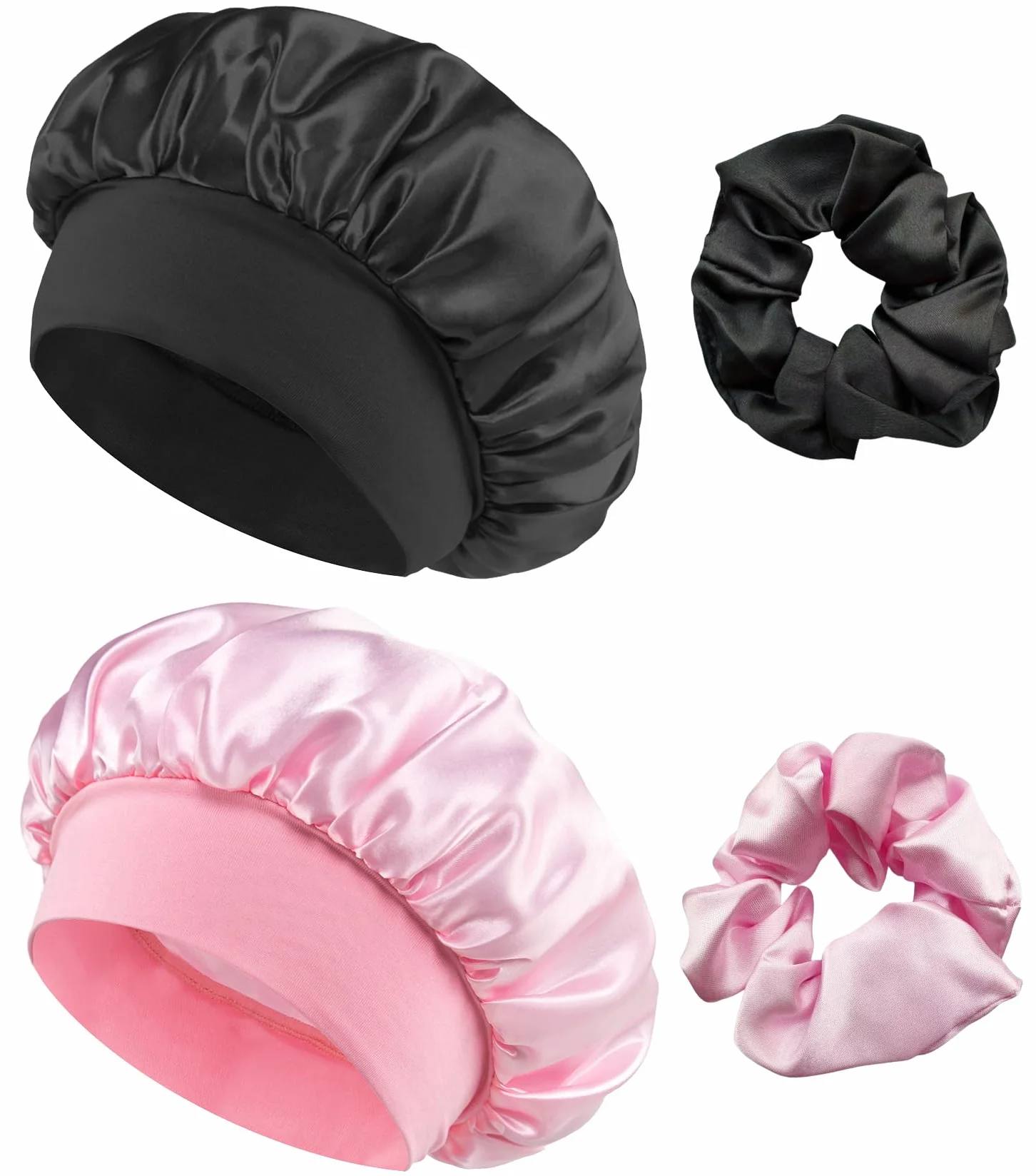 Loomify Jedwabna czapka, satynowa czapka nocna, 2 szt. Satynowa czapka do spania z 2 szt. Scrunchies dla kobiet i dziewcząt
