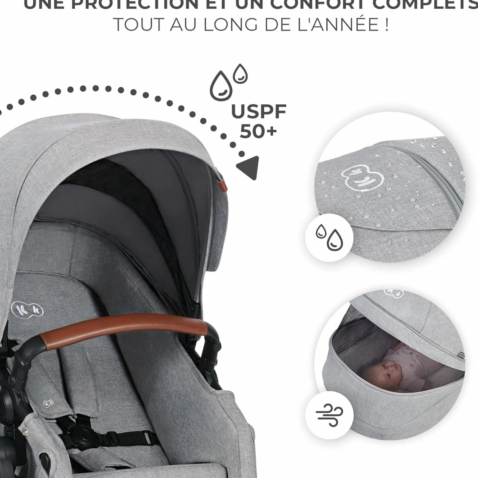 Kinderkraft B-TOUR Wózek dziecięcy Trio Niemowlęta 3 w 1 22 kg, System modułowy, z Ovetto I-size 40-75 cm, Składany, Siedzenie XL, Wodoodporny filtr UPF50+, Pozycja Banna, Szary