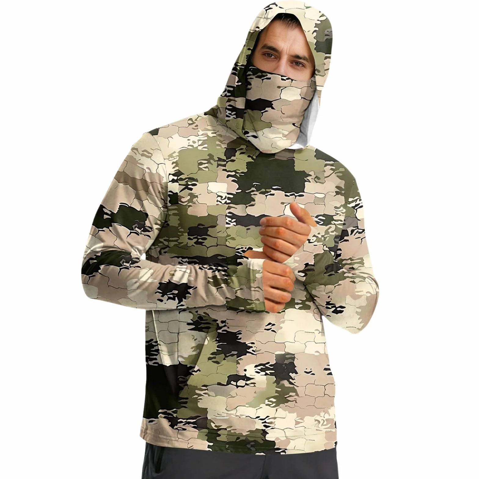 DENGJIAMY Męska bluza z kapturem chroniąca przed słońcem UPF 50+ Rash Guard Camo Shirt z długim rękawem outdoorowe wędkarstwo bieganie wędrówki bluza z kapturem topy z maską