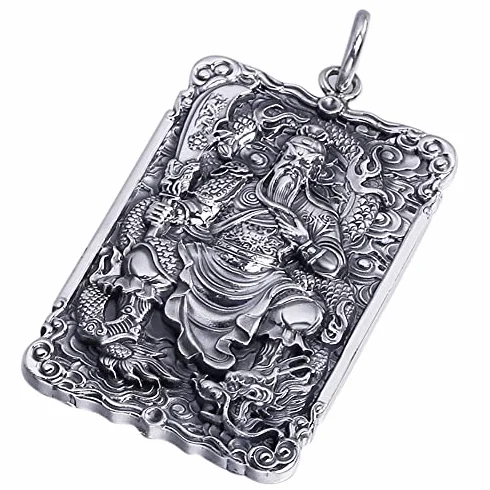 S925 Srebrny męski wisiorek, Wu Caishen Guan Gong Amulet Naszyjnik Wisiorek Tajski Srebrny Retro Męski Dominujący Amulet Łańcuch Wisiorek, (łańcuszek nie jest wliczony w cenę) (S925 Srebro