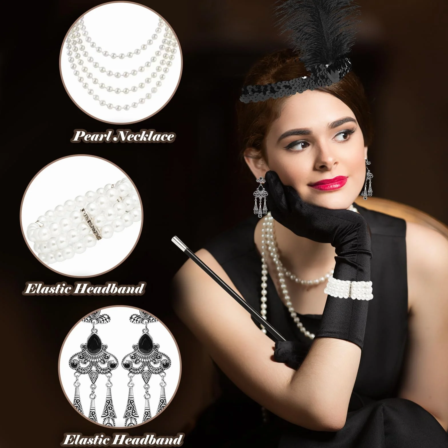 Zestaw akcesoriów w stylu Wielkiego Gatsby'ego 1920 dla kobiet
