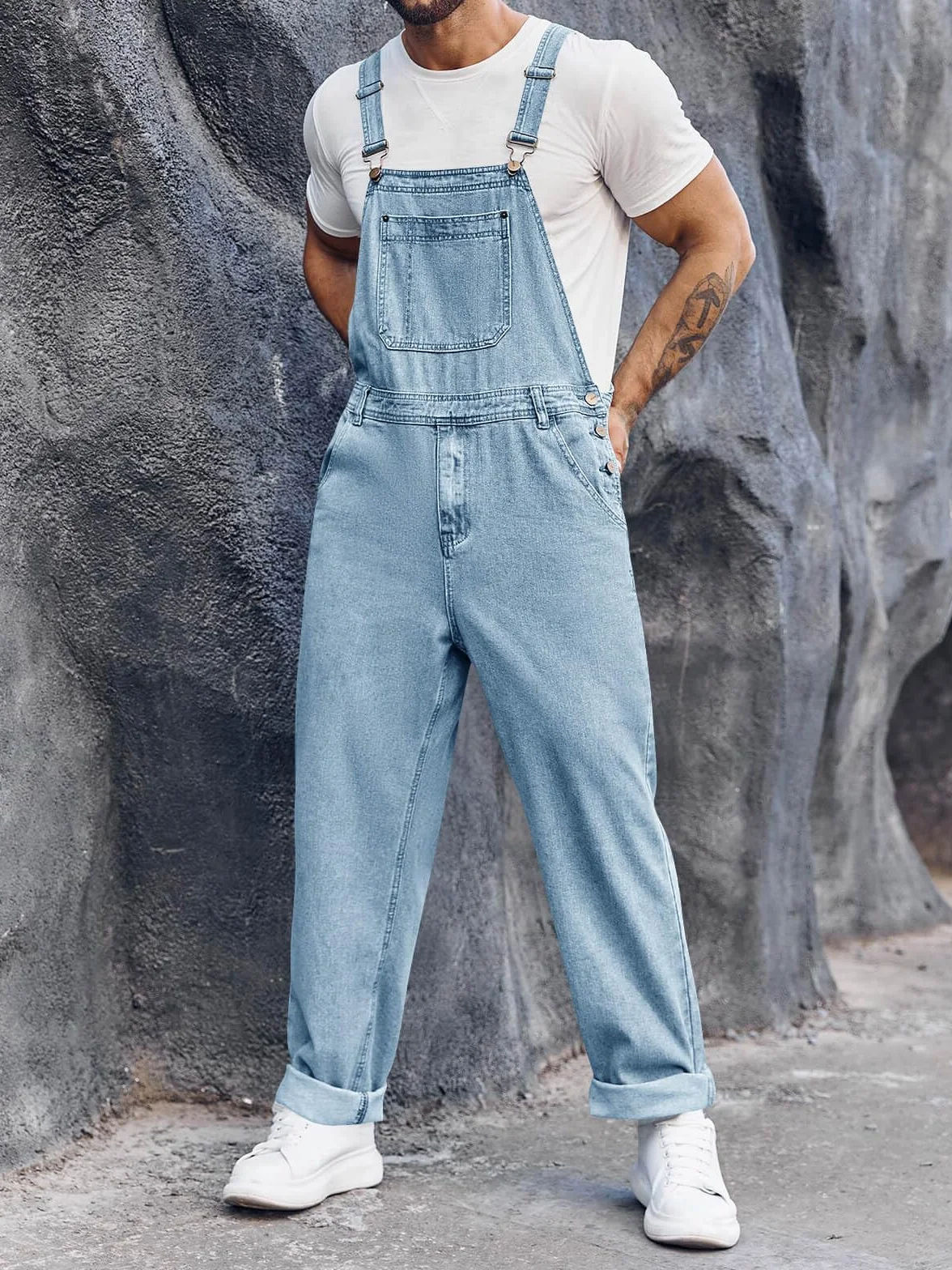 Runcati Męskie spodnie ogrodniczki jeansowe robocze na lato Streetwear regulowane ramiączka kombinezon