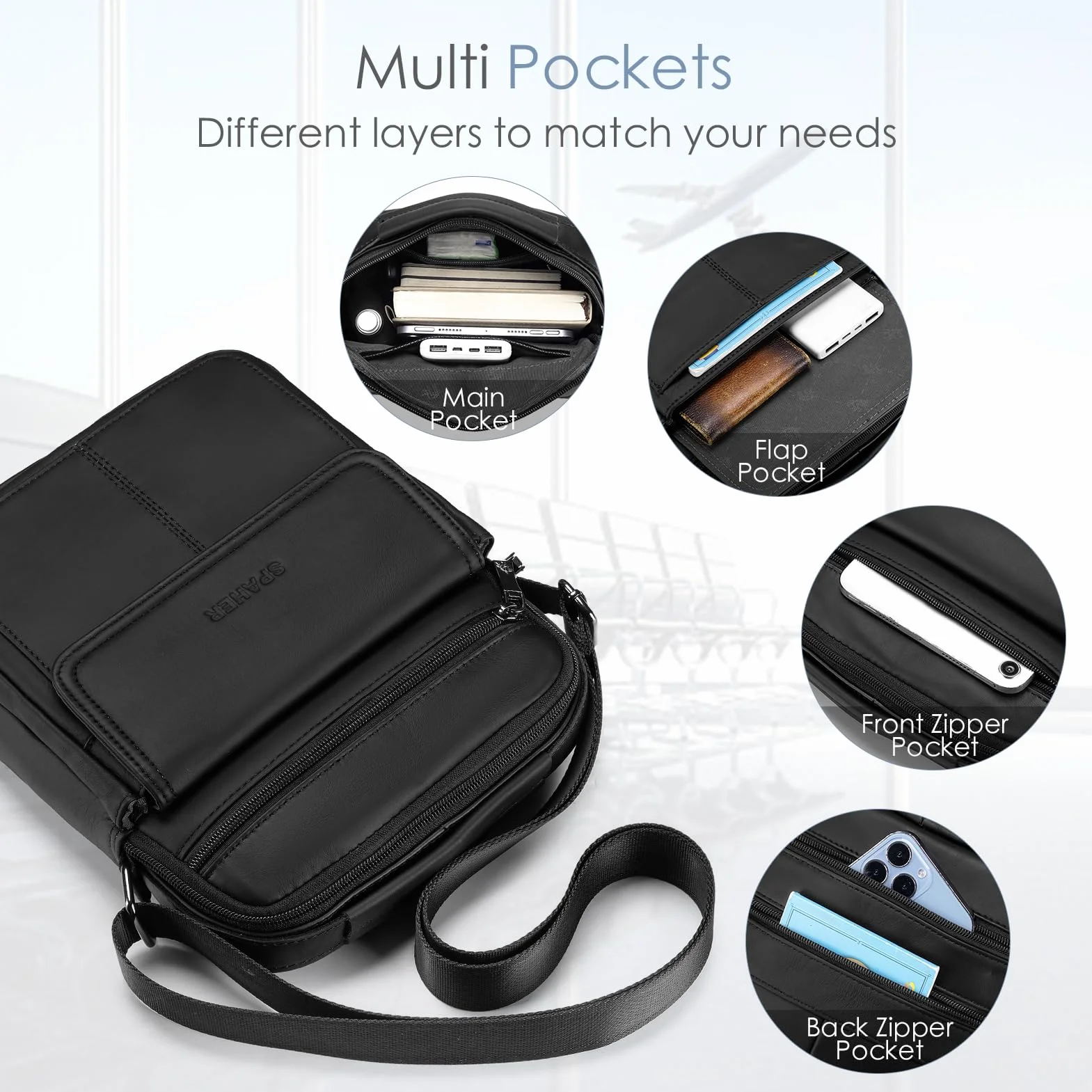 SPAHER Męskie Torebki Skórzane Torby na Ramię do Ipada 9,7 Cala Messenger Torba Biznesowa Crossbody Satchel Sling Wodoodporna Torba Podróżna Codzienna Torba Męska z Regulowanym Paskiem na Ramię