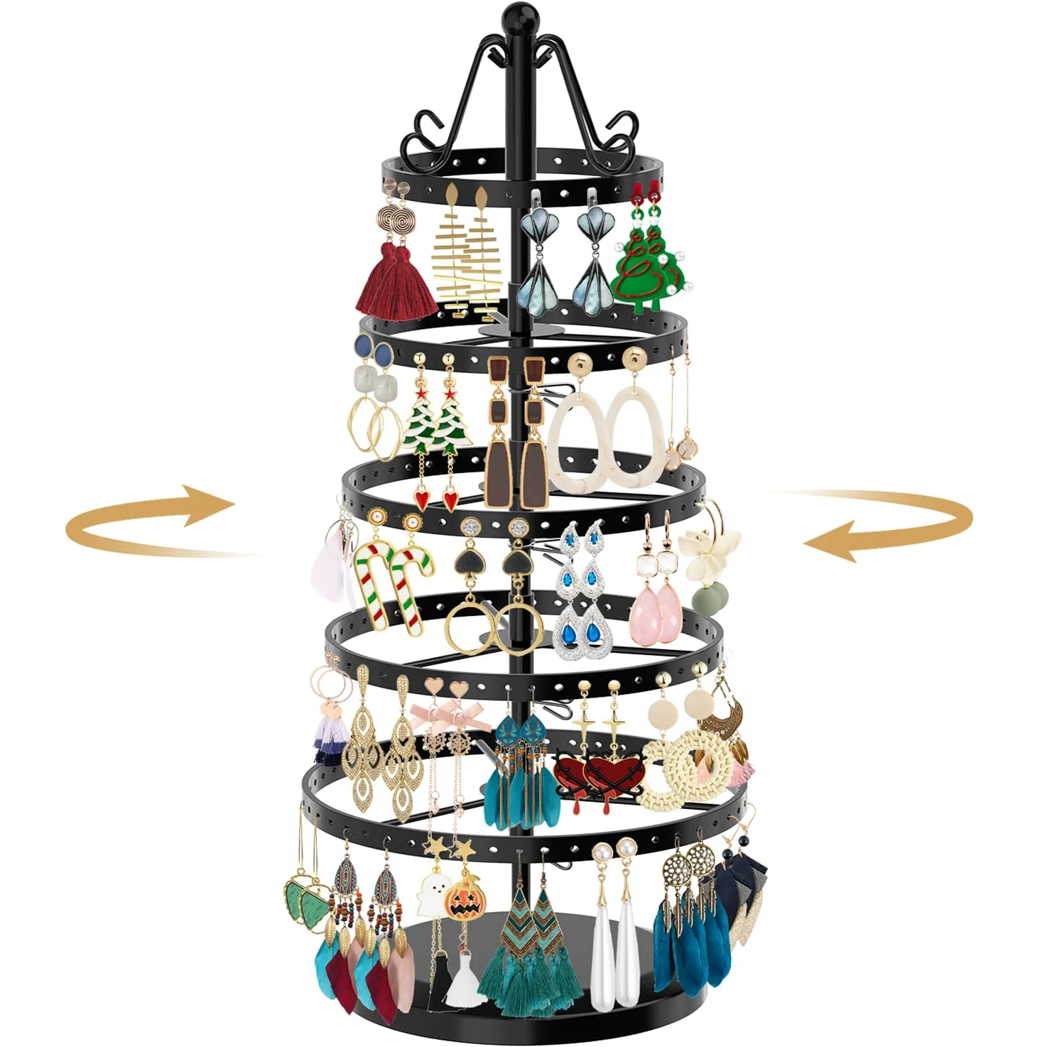 MODOWEY 5-poziomowy metalowy obrotowy organizer na kolczyki, wykwintny stojak na biżuterię, uchwyt na naszyjnik, 220 otworów na kolczyki, 35 x 16 cm (okrągły, czarny)