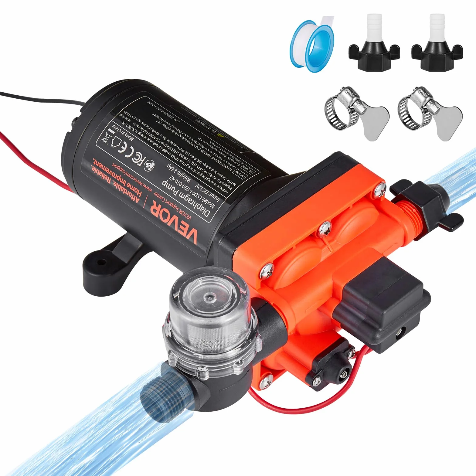 VEVOR Pompa membranowa, 12 V DC, 18,9 l/min, samozasysająca 4-komorowa pompa wodna z automatycznym przełącznikiem ciśnieniowym, ciśnienie 4,8 bar, do przyczep kempingowych, statków, jachtów, myjni