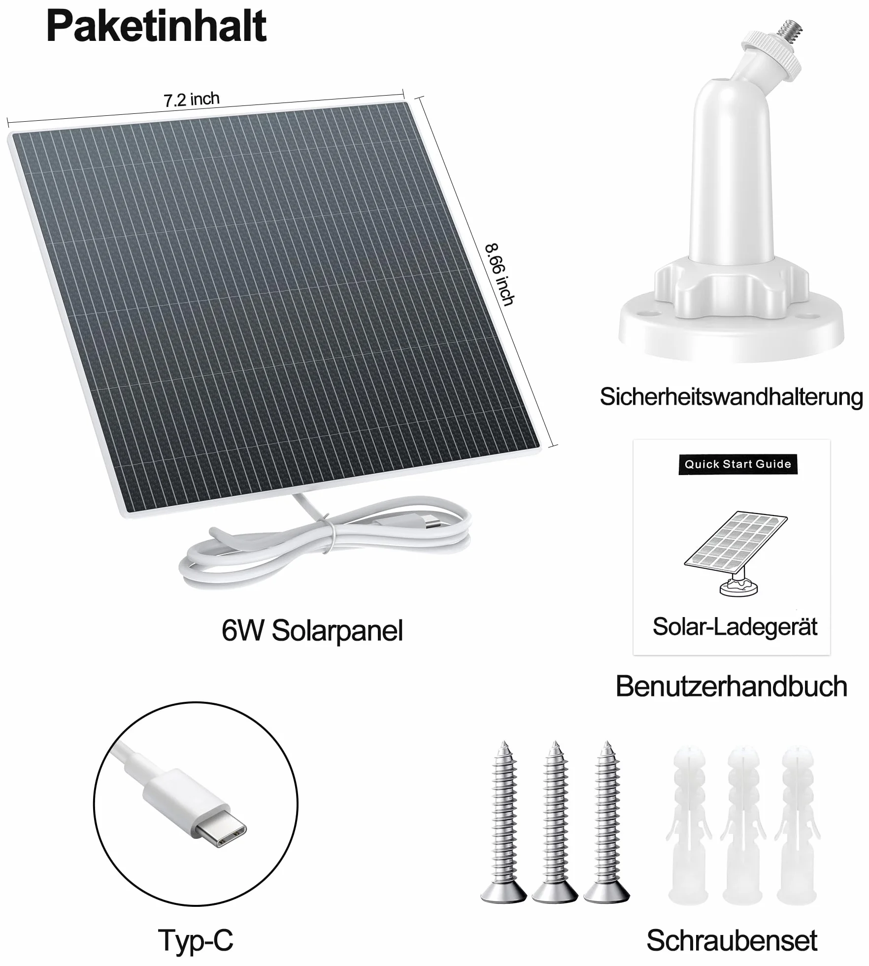 Panel słoneczny 6 W do kamery monitorującej z akumulatorem, do zewnątrz, moduł solarny 5 V USB-C, kamery zasilane bateriami, regulowany uchwyt 360°, wodoszczelność IP65