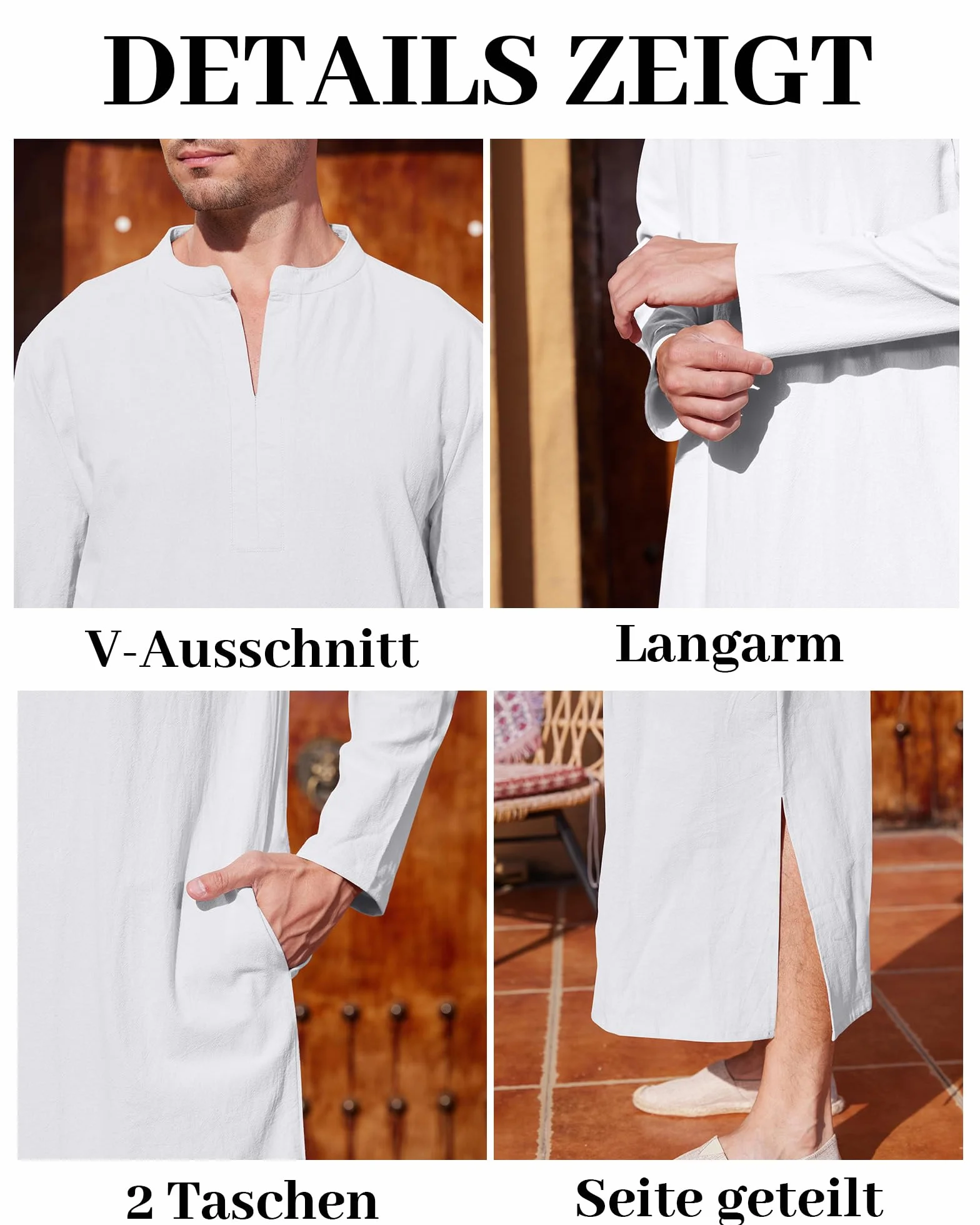 LVCBL Kaftan męski kaftan z długim rękawem, męski, długie Thobe, z kieszeniami, uniwersalny krój, M-3XL