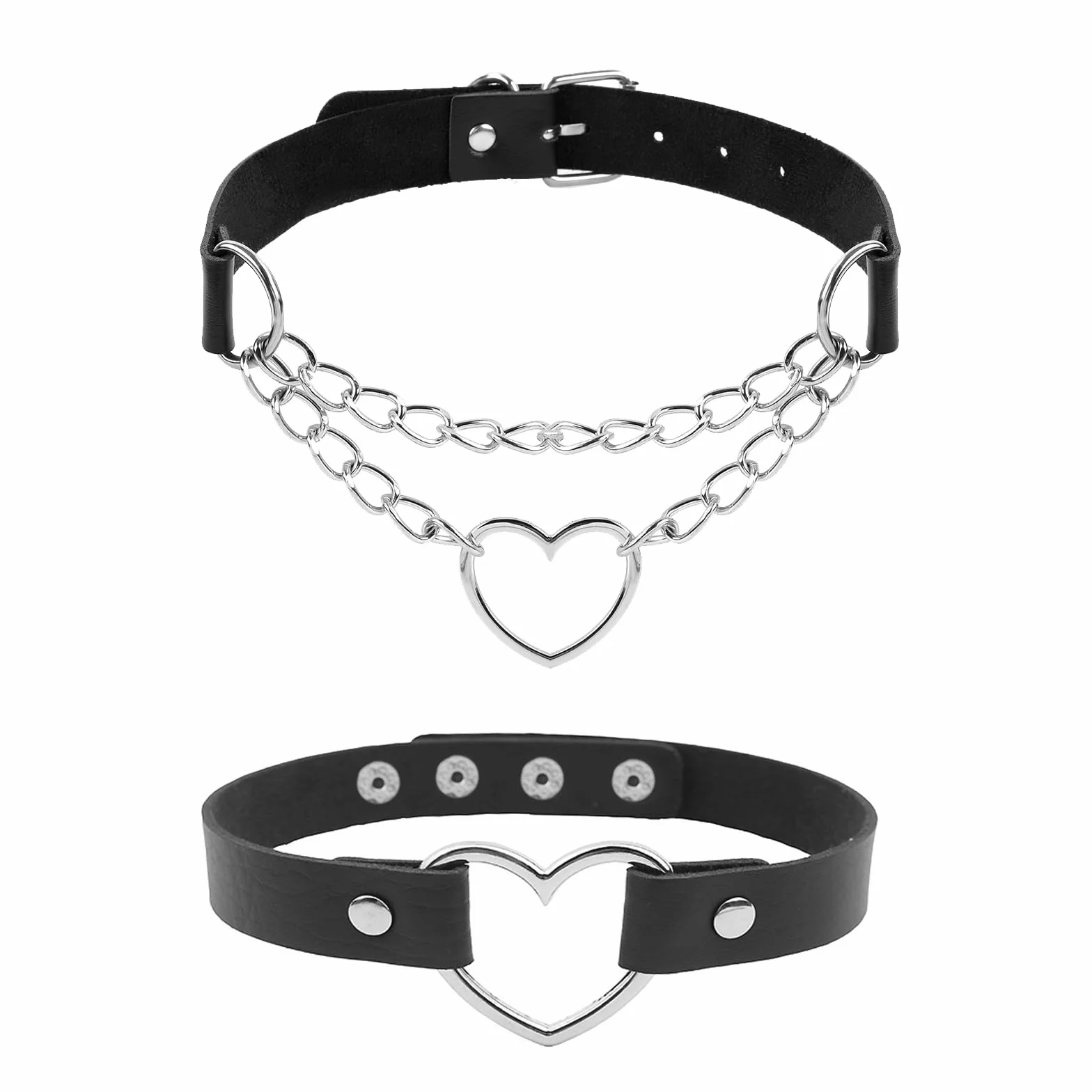 Damski naszyjnik w gotyckim stylu, punk, 2-częściowy, czarny, skóra PU i stop, 33-40 cm, łańcuszek metalowy i skórzany, haczyk S lub zatrzask, Fashion Jewelry