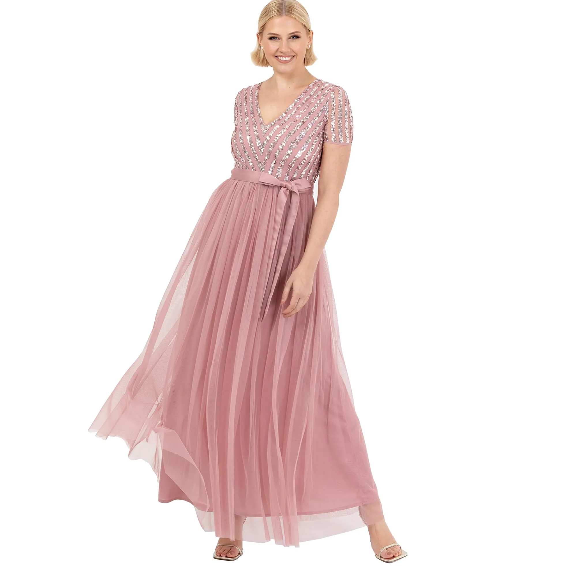 Maya Deluxe Sukienka maxi dla kobiet damska suknia balowa z dekoltem w szpic z krótkim rękawem długa elegancka talia Empire z paskiem vintage róża rozmiar 26, Róża Vinatge, 52