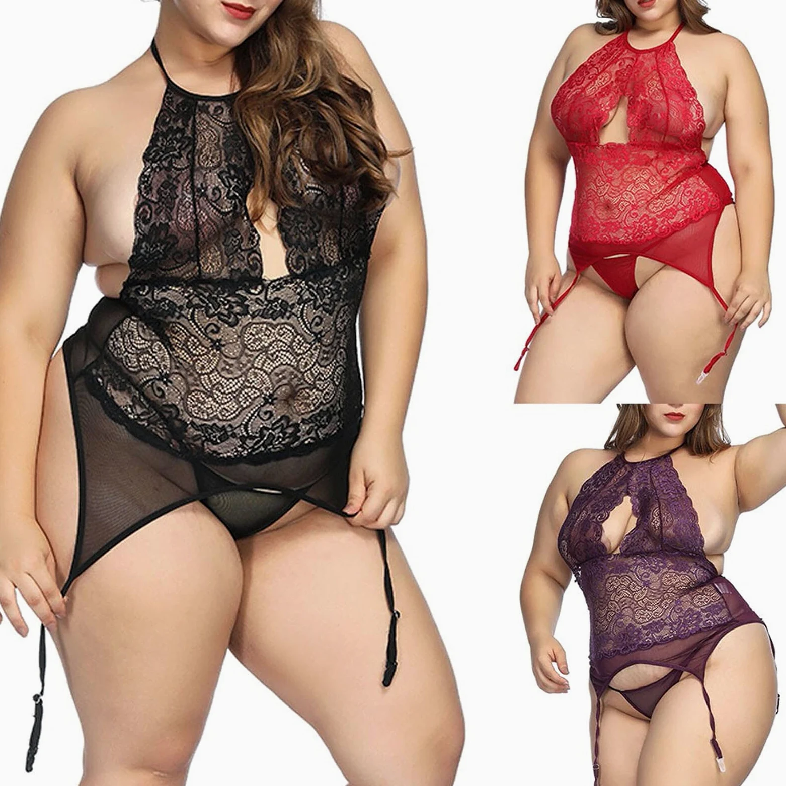 Bielizna damska seksowna bielizna Plus rozmiar damska koronkowa bielizna nocna syjamskie body koszula nocna (kolor:, rozmiar: L) (Rood 4XL)