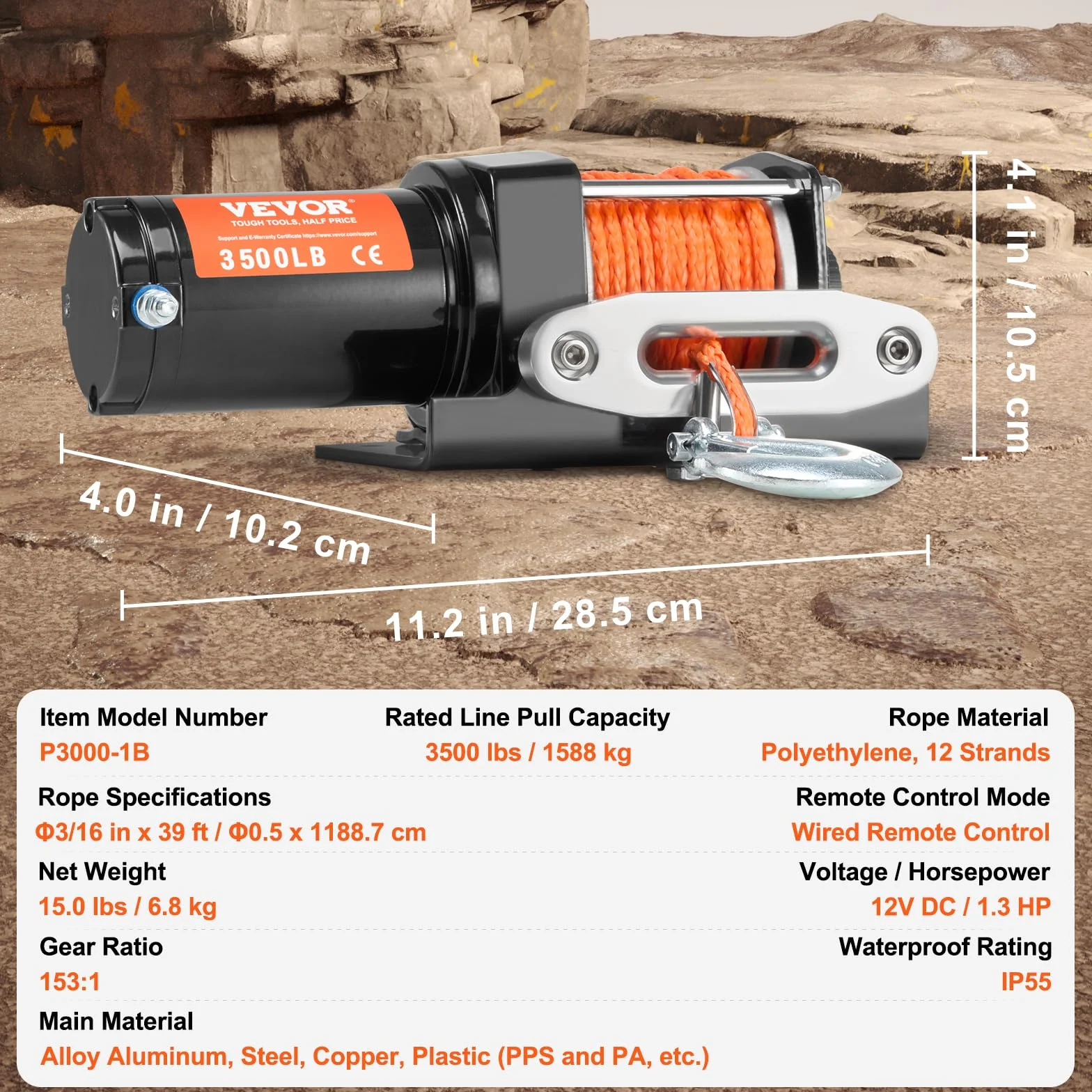 VEVOR Wciągarka elektryczna, zdolność ciągnięcia linii 3500 lbs / 1588 kg wciągarka ATV/UTV 12 V DC Φ0,5 x 1188,7 cm 12 drutów z liną syntetyczną, aluminiowy przewodowy pilot zdalnego sterowania