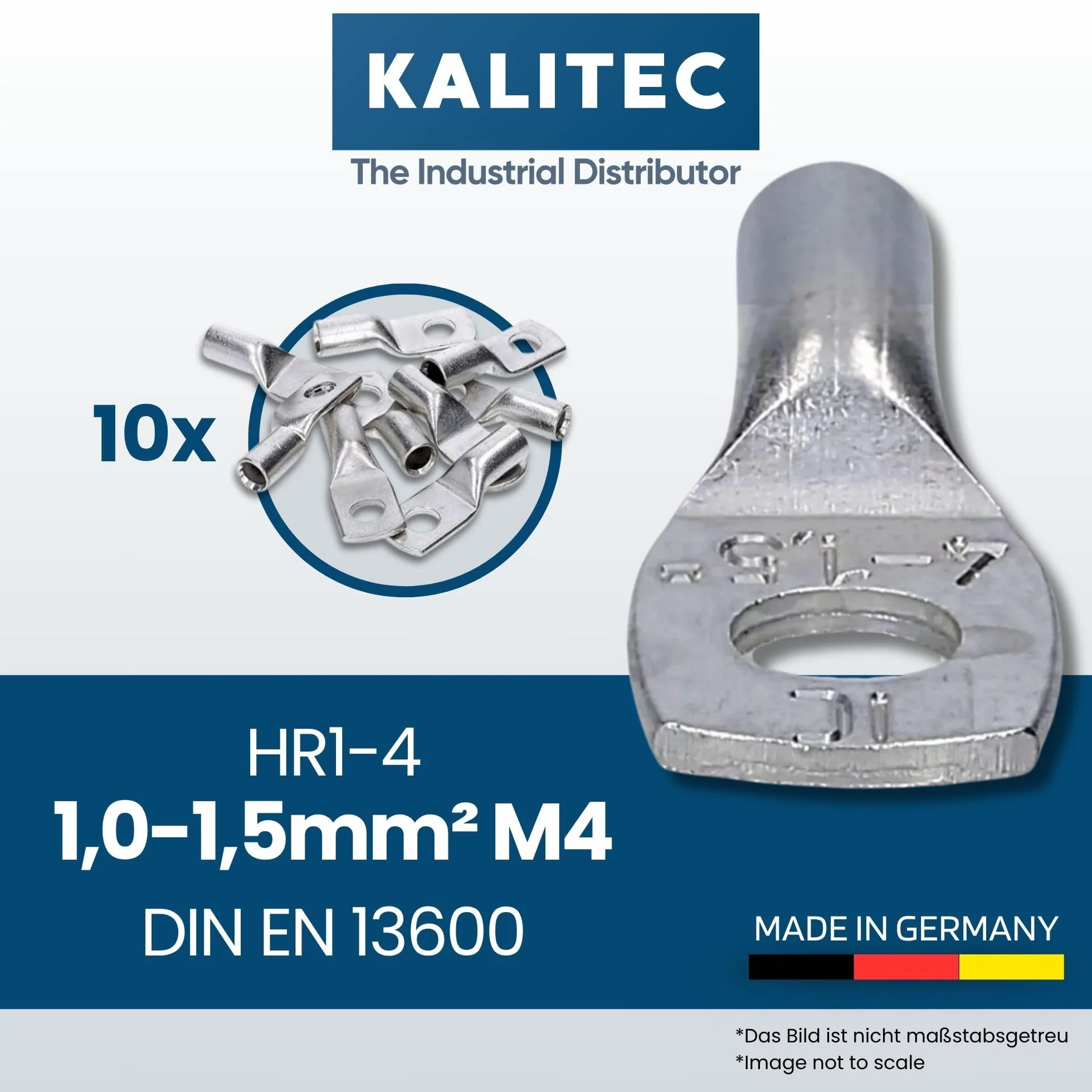 Kalitec HR1-4, 10 sztuk standardowych końcówek kablowych 1,0-1,5 mm² M4, bez otworu widzącego, Made in Germany