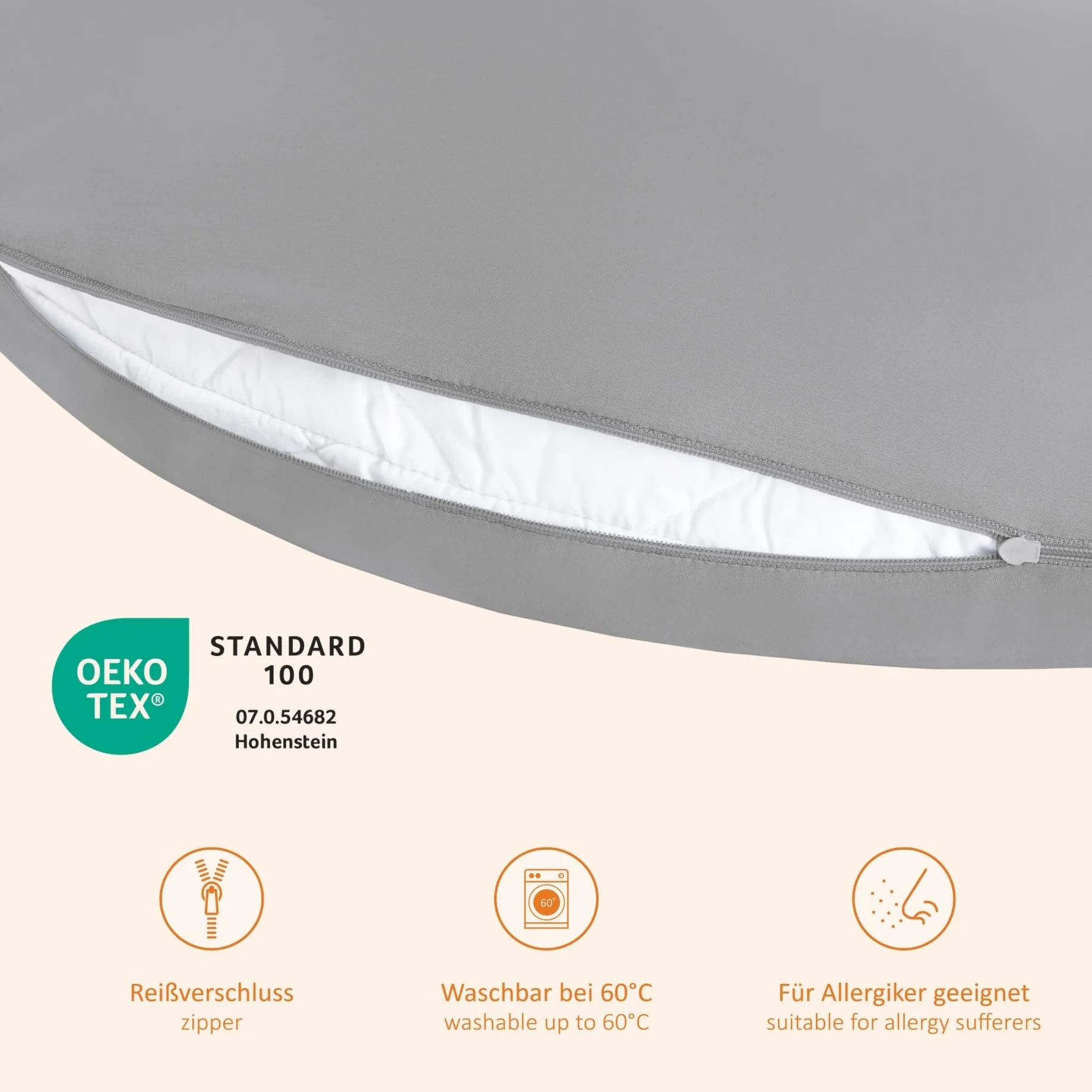 sleepling Poduszka do karmienia 40 x 190 cm, długa poduszka ciążowa, poduszka do pozycjonowania, 100% mikrofibra, można prać w 60 stopniach, Ökotex, szara