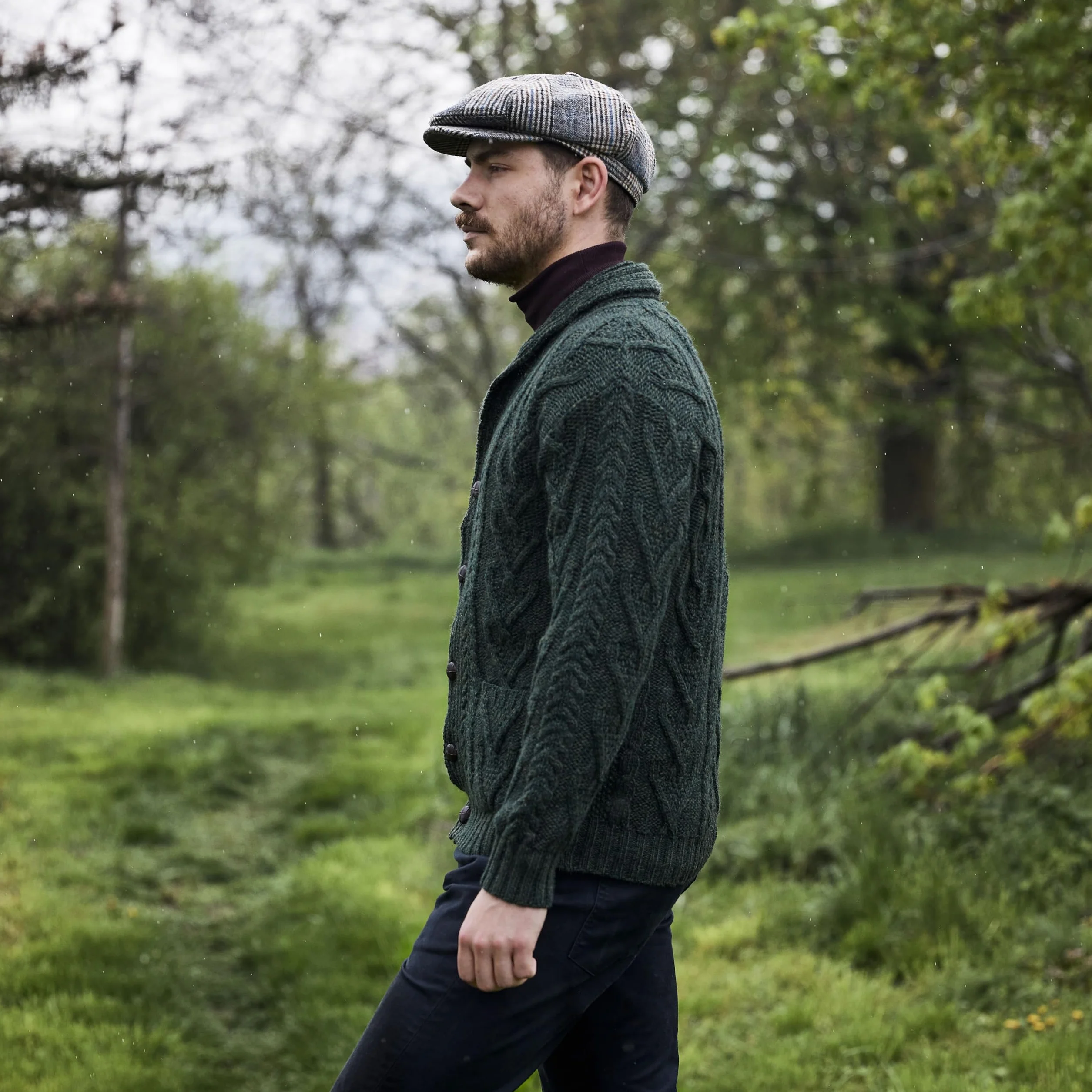 SAOL 100% wełna merino męski Aran Cable Knit szal kołnierz casual irlandzki kardigan z guzikami i kieszeniami