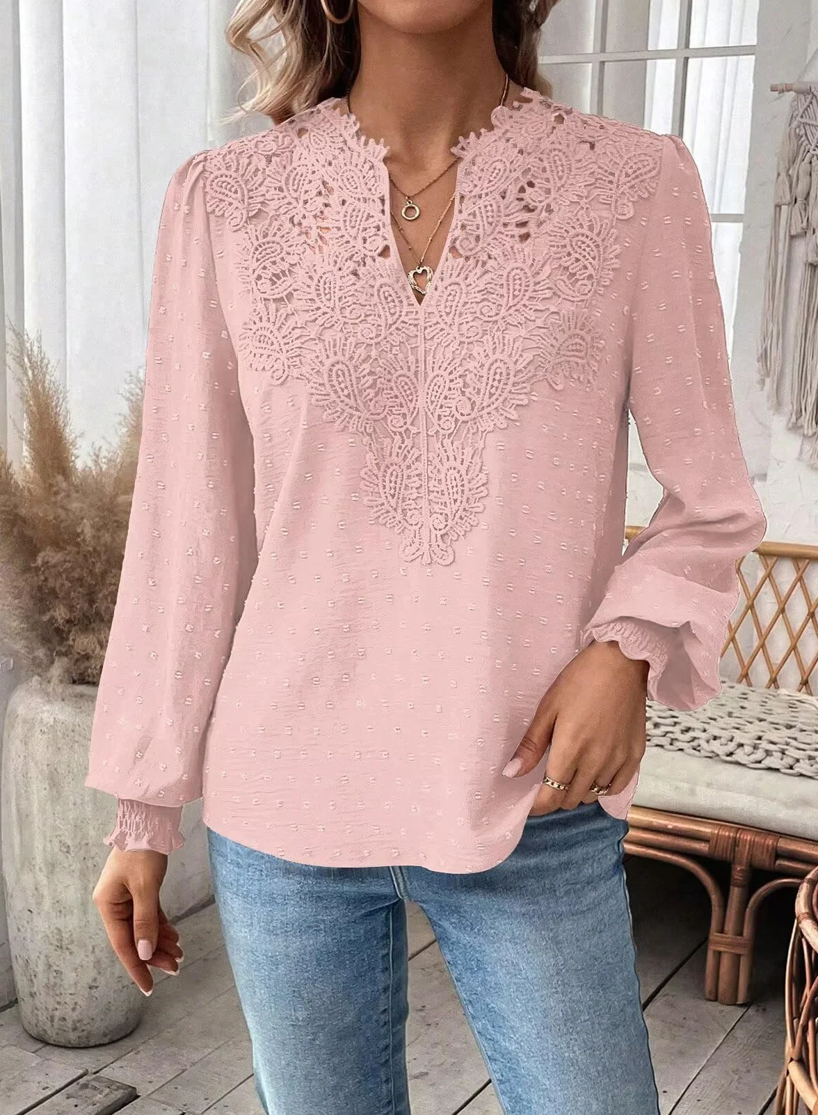Elegancka Koszulka Damska Długim Rękawem Koszulki Dekoltem W Serek Jesień Boho Casual Falbany Koszula Odzież Top