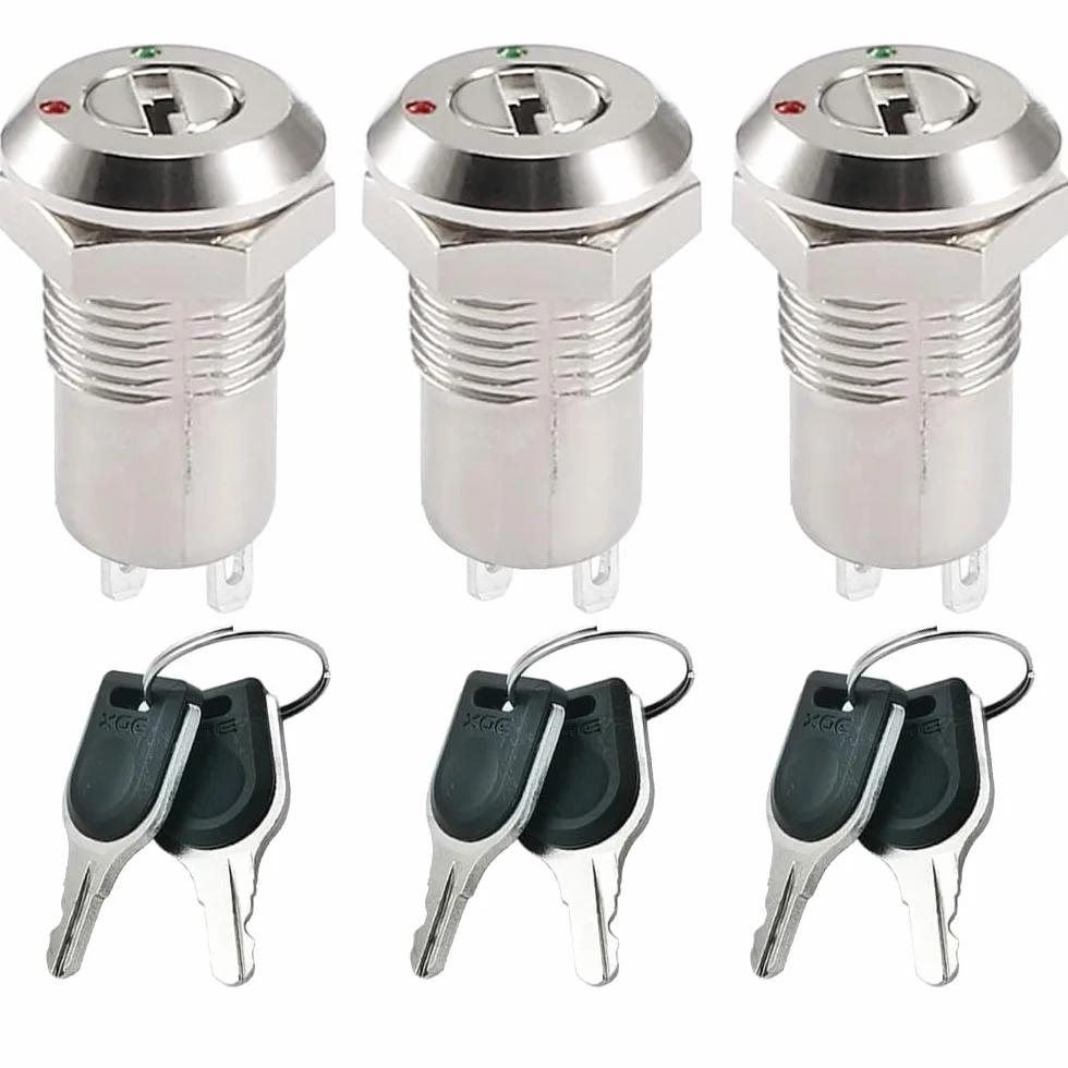 GUUZI 3 Pack 12mm metalowy zamek z kluczem przełącznik zatrzaskowy, włącznik/wyłącznik kluczykowy blokada 0-250V utrzymany przełącznik kluczykowy