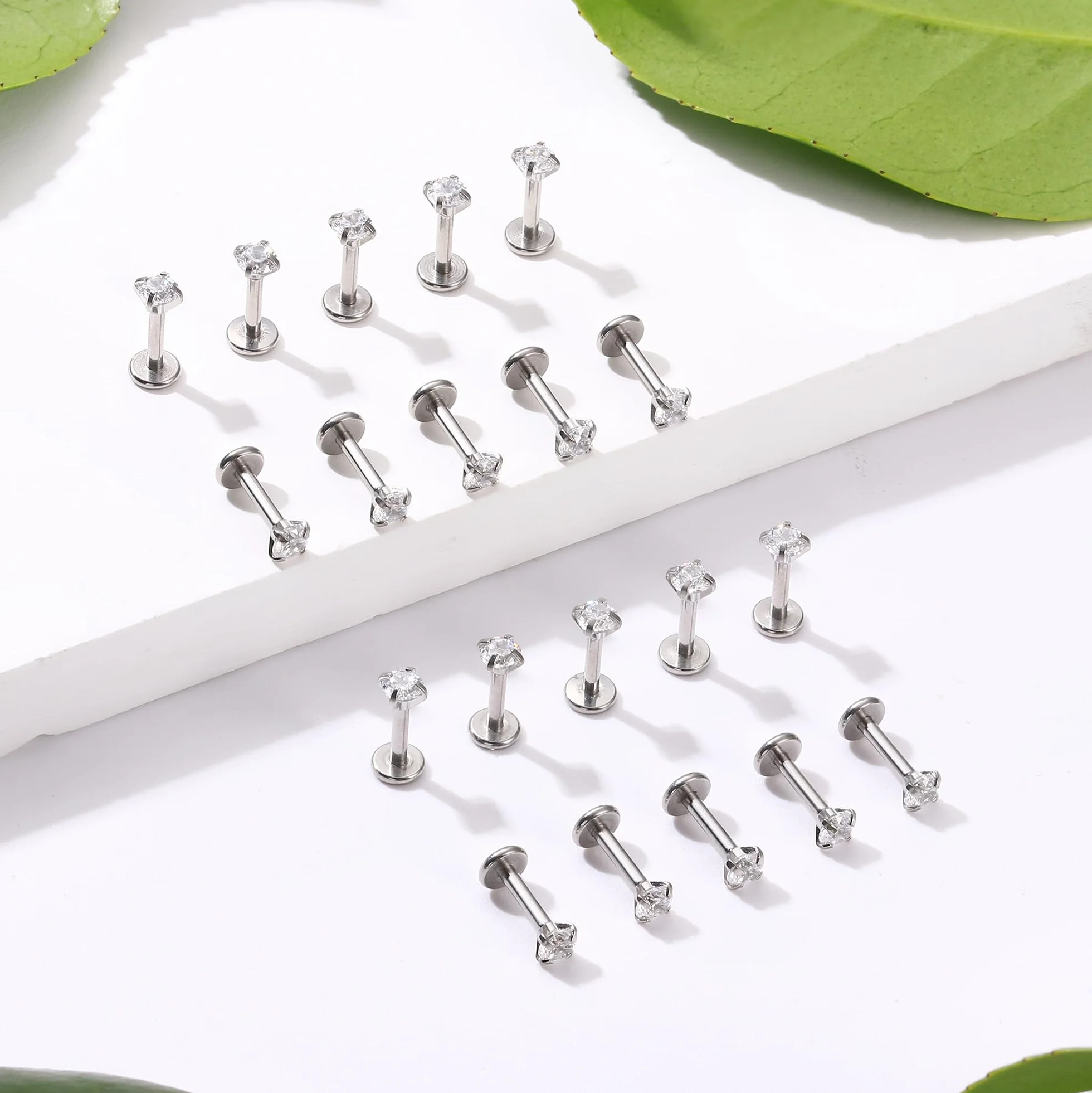 CASSIECA 20 szt. hipoalergiczne kolczyki ze stali nierdzewnej 16G, labret piercing z 3 mm CZ chrząstka, tragus, helix, Monroe, biżuteria, 6 mm, 8 mm, 10 mm, Stal nierdzewna