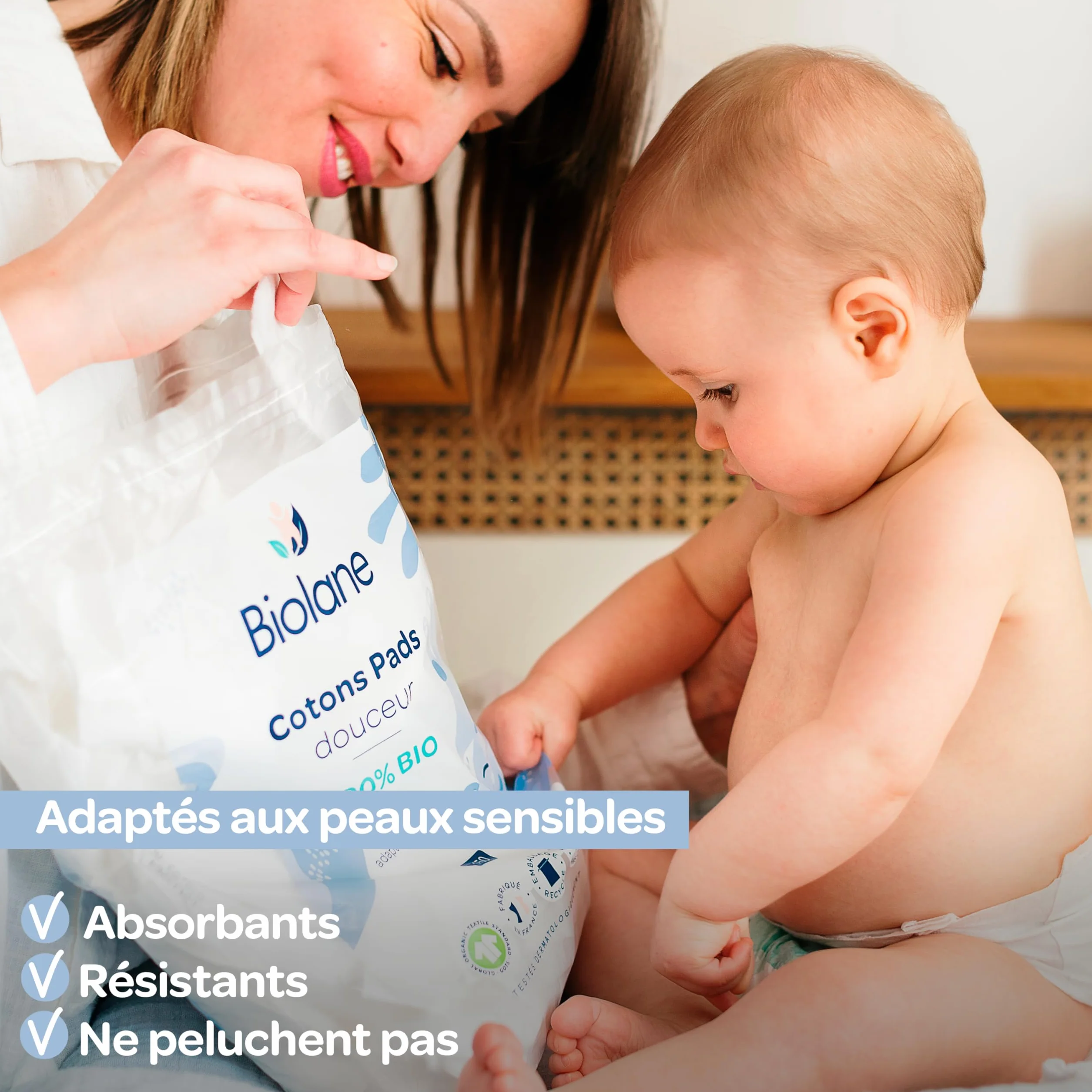 BIOLANE - Zestaw 3 bawełnianych wkładek do miękkich - Baby - 100% organicznych - 150 bawełny - Skóra wrażliwa - Zmiana & WC - Od urodzenia - Wyprodukowano we Francji