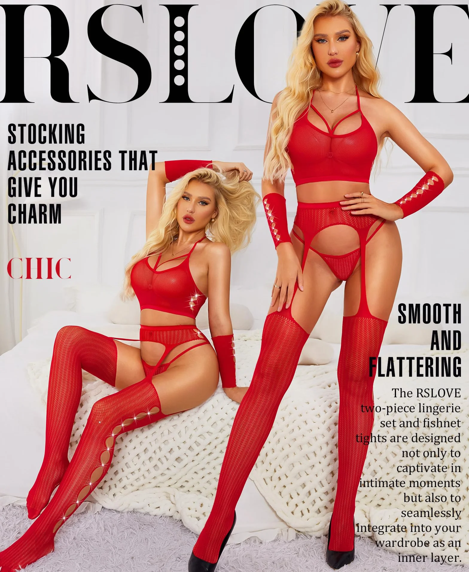 RSLOVE Seksowna bielizna kabaretki bodystocking 4-częściowy zestaw bielizny z rękawiczkami i rajstopami