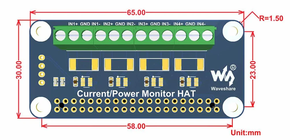 Waveshare 4-ch Current/Voltage/Power Monitor HAT do Raspberry Pi I2C/SMBus Interface Easy to Monitor each Channel's Current, Voltage and Power Consumption