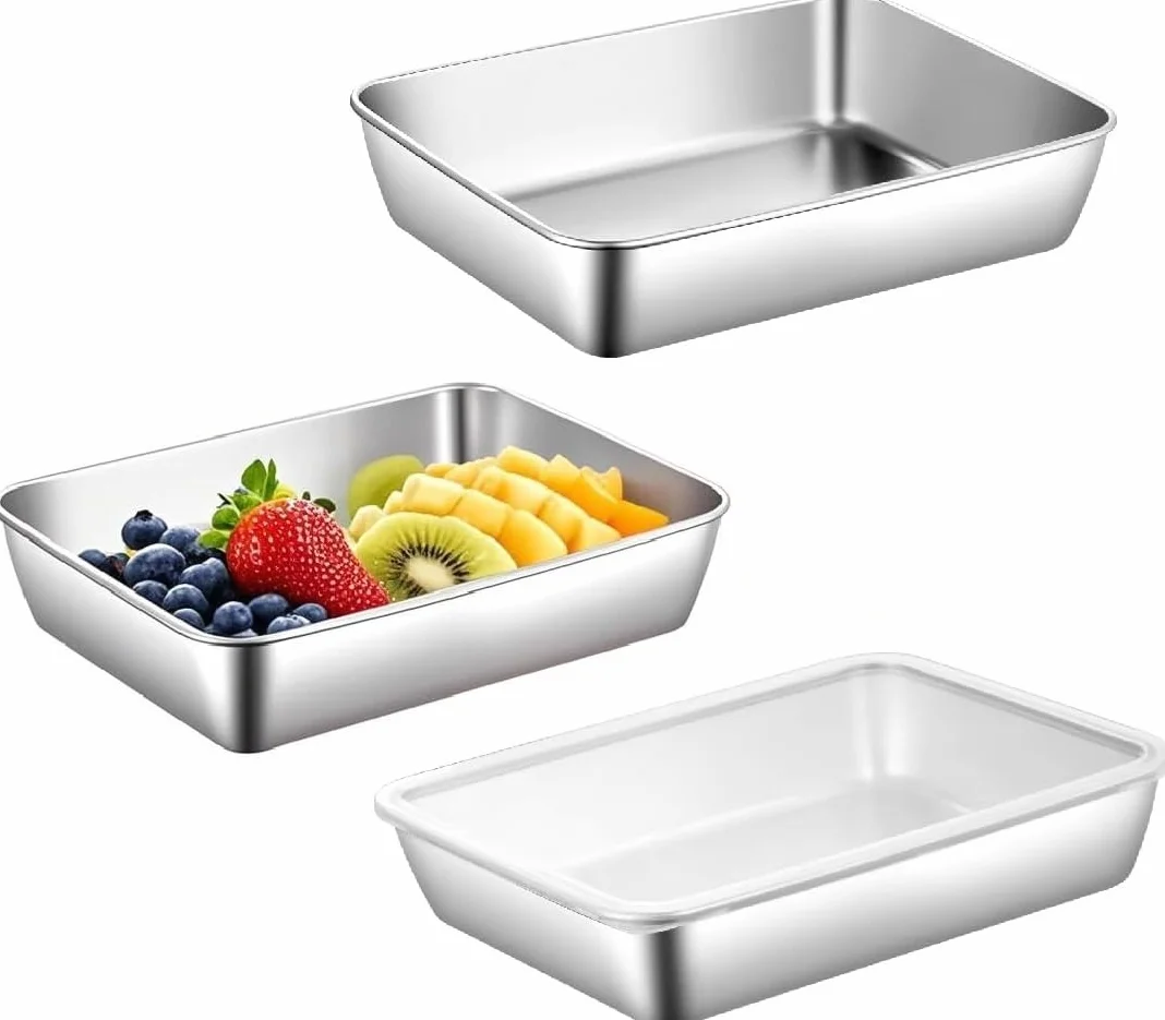 3-częściowy zestaw miseczek do panierowania ze stali nierdzewnej – prostokątne miseczki 25 × 19 × 5 cm z pokrywką, idealne jako szlak do panierowania na kotletach, mięsie i rybach, wytrzymałe i