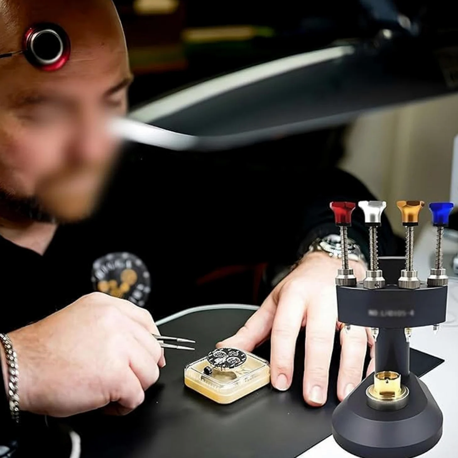 Zestaw narzędzi do ręcznego dociskania zegarka, precyzyjne, 4-pinowe narzędzie do ustawiania z 3 podstawami mechanizmu dla zegarmistrzów i warsztatów naprawczych