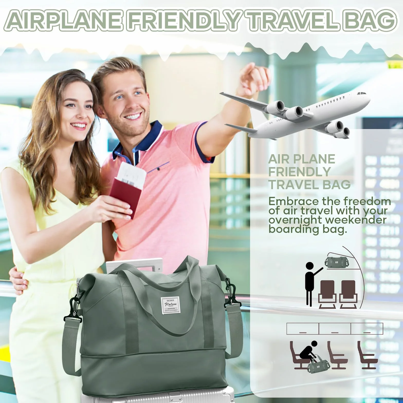 SEAFEW Torba podróżna 40x30x20 dla Ryanair, Rozszerzana Torba podróżna na weekend-bagaż ręczny, Torba sportowo-fitness, torba szpitalna dla mamy, dla kobiet i mężczyzn,A01-Zielony wojskowy