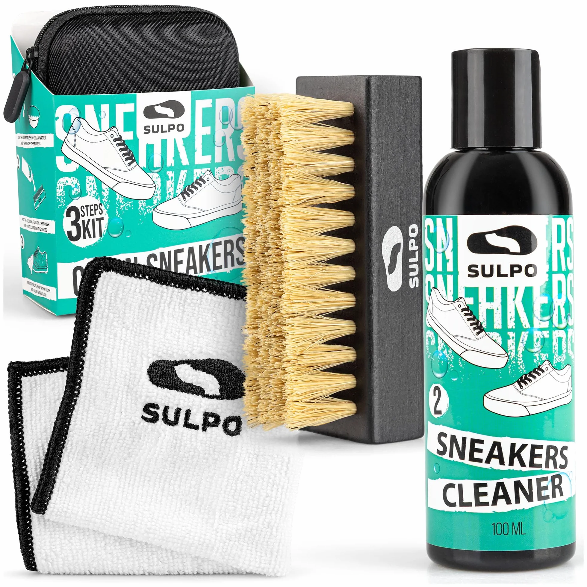 SULPO zestaw do czyszczenia sneakersów – pH-neutralny środek, szczotka i ściereczka z mikrofibry; delikatny dla skóry, zamszu, canvasu i siatki