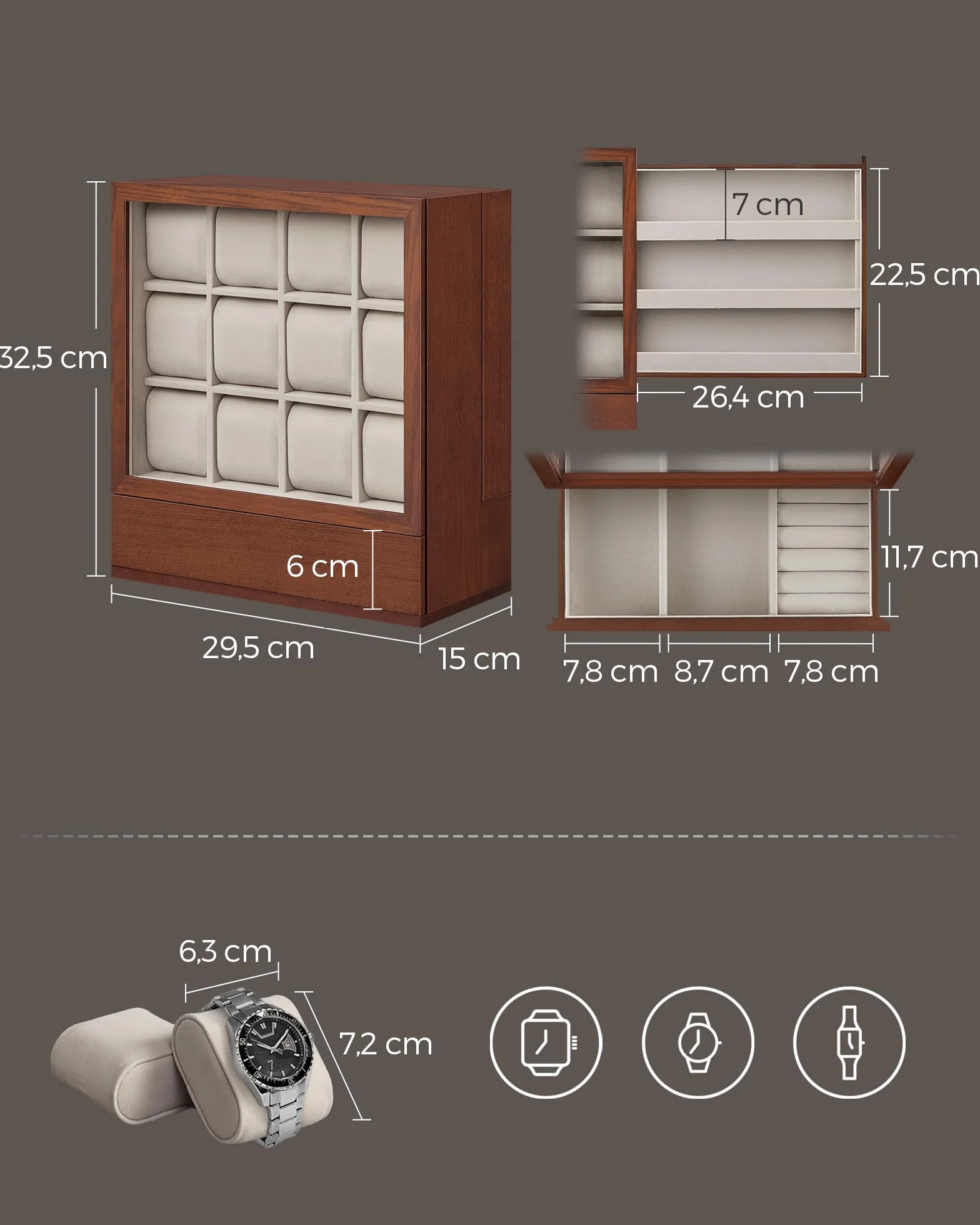 SONGMICS JOW014K01 szkatułka na zegarki z 12 szufladkami, drewniane pudełko na zegarki z oknem, drewniana szafyczka ekspozytorska z litego forniru, pionowe przechowywanie, oszczędność miejsca, pomysł
