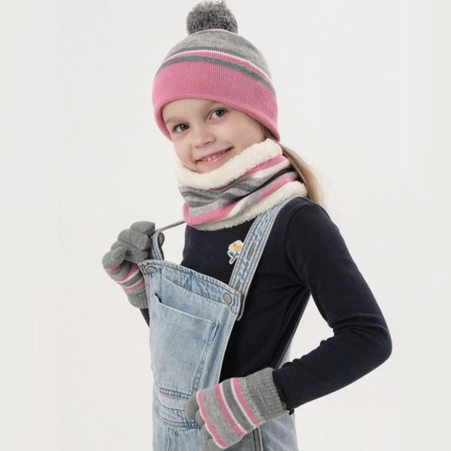 Dziecięca czapka zimowa w paski, dzianinowa czapka beanie, komin, szalik, rękawiczki, zestaw z grubą podszewką z polaru, bawełna, dzianina termiczna, pompon, czapka ocieplacz na szyję, dla