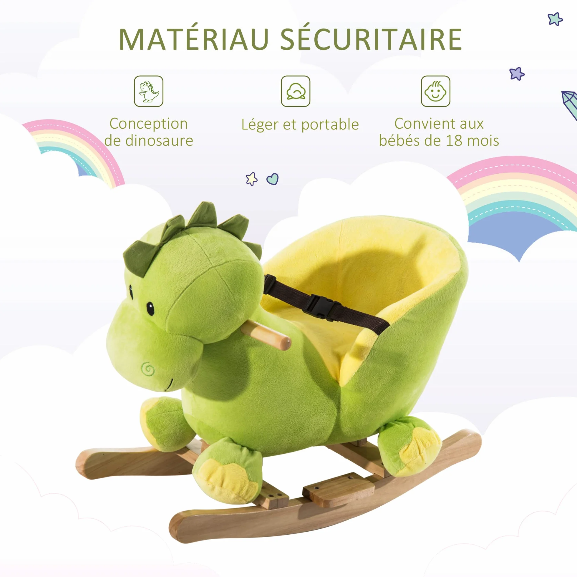 HOMCOM Zabawka bujana dinozaur pas bezpieczeństwa efekt dźwiękowy 32 piosenki Wood Plush Green