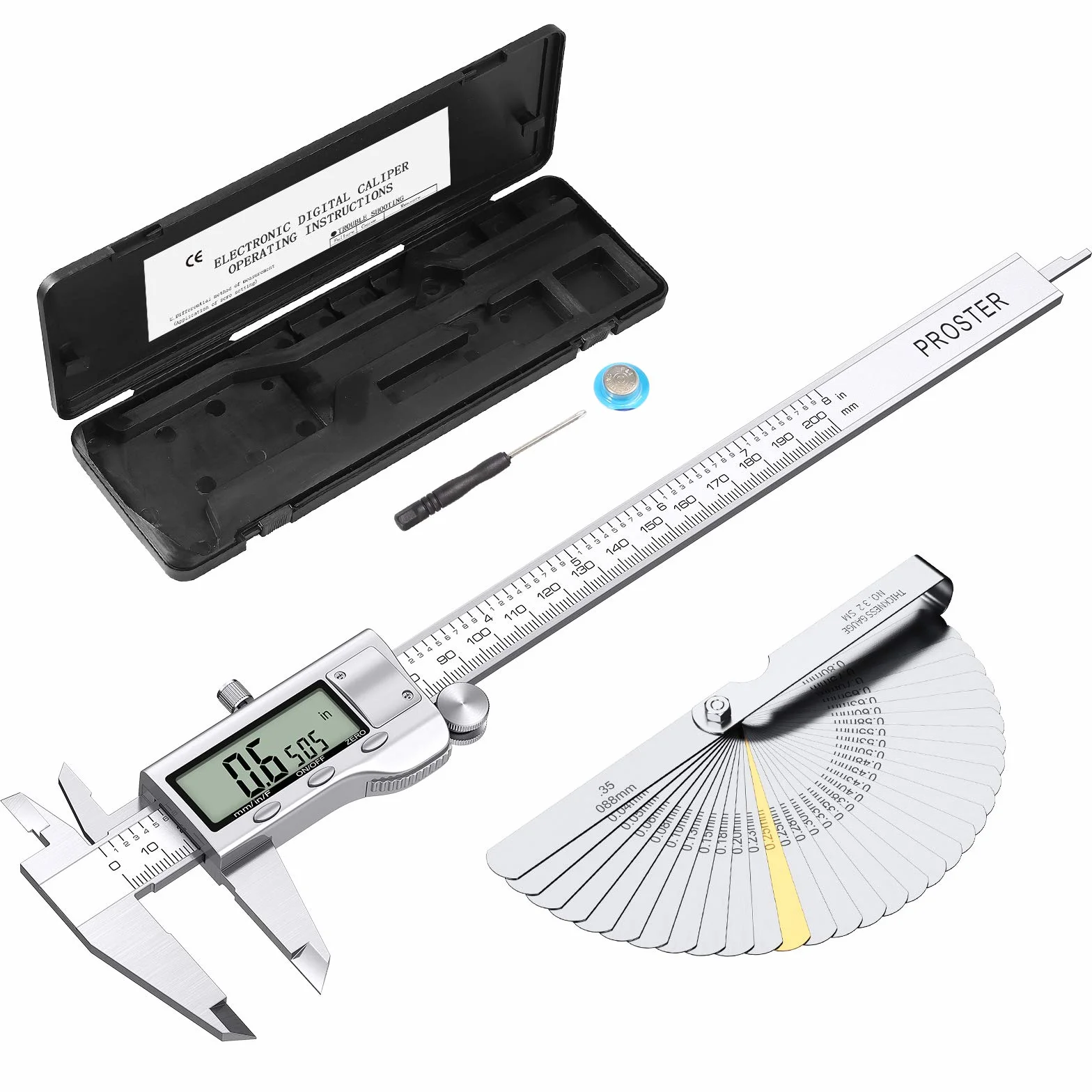 Proster Cyfrowa suwmiarka 200 mm + 32 szczelinomierz ze stali nierdzewnej, elektroniczna suwmiarka calowa/frakcyjna/metryczna suwmiarka do długości, szerokości, głębokości, średnicy wewnętrznej