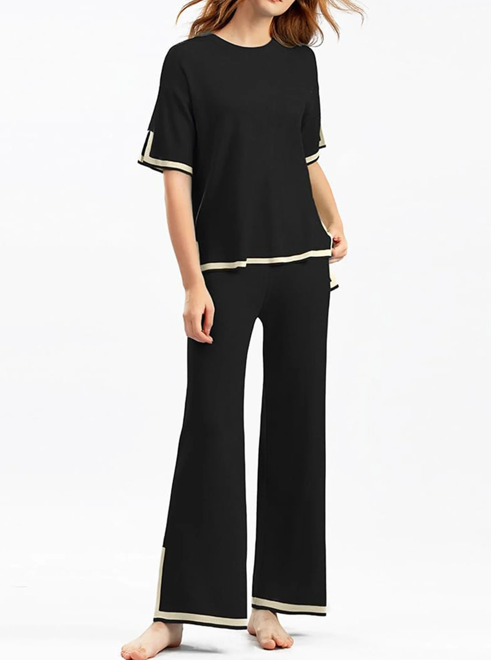 Womens Knit 2 Piece Sweater Sets Lounge Sets Silk Feel Oversized Casual Short Sleeve Knit Pullover Tops Wide Leg Pants Tracksuit Homewear Elegant Trousers Sets,006,M