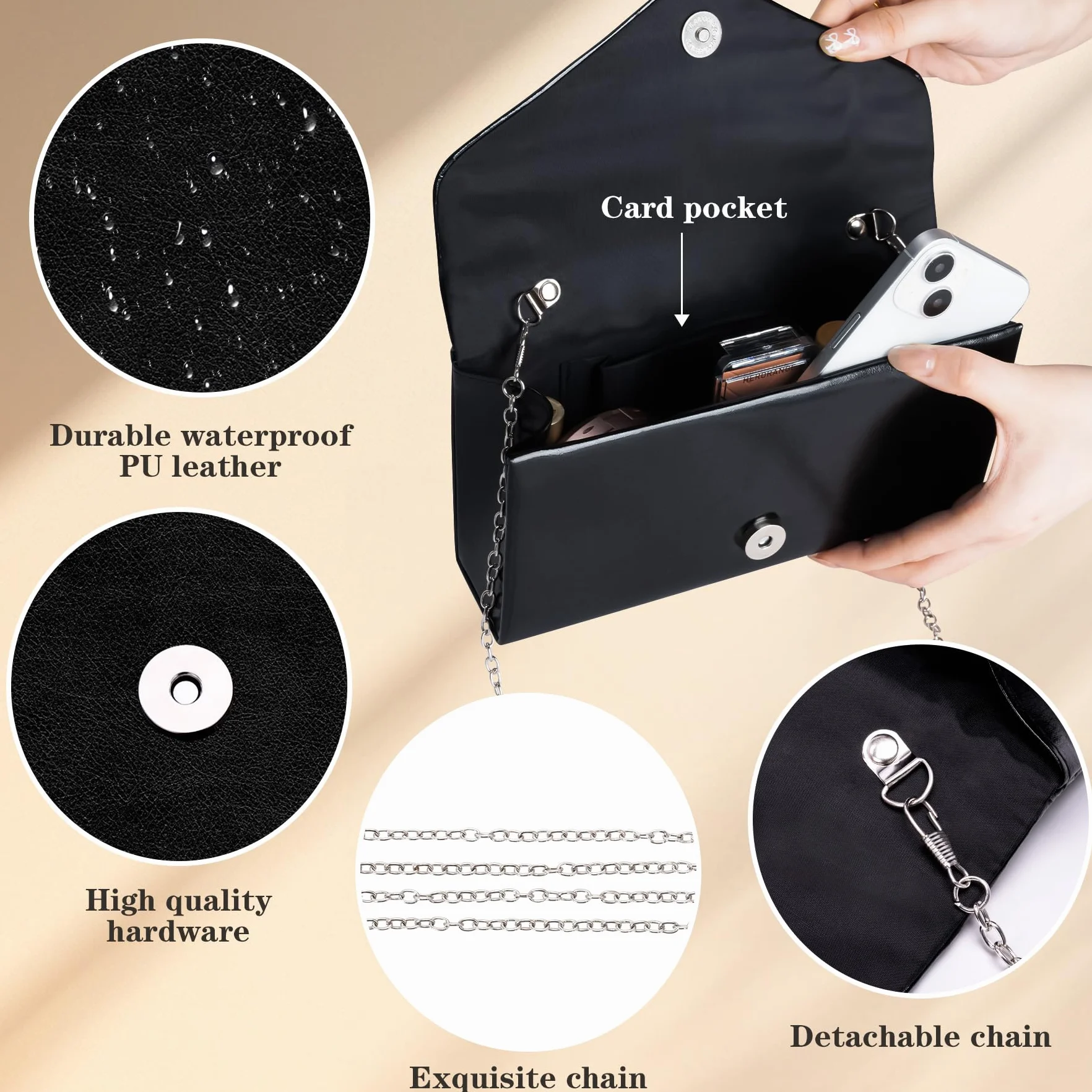 Larcenciel Clutch, elegancka skórzana torebka czarna ze zdejmowanym łańcuszkiem, modna torba skórzana Crossbody, mała torba na ramię, kopertówka, torebka wieczorowa na wesele, imprezę, bankiet, 22 x