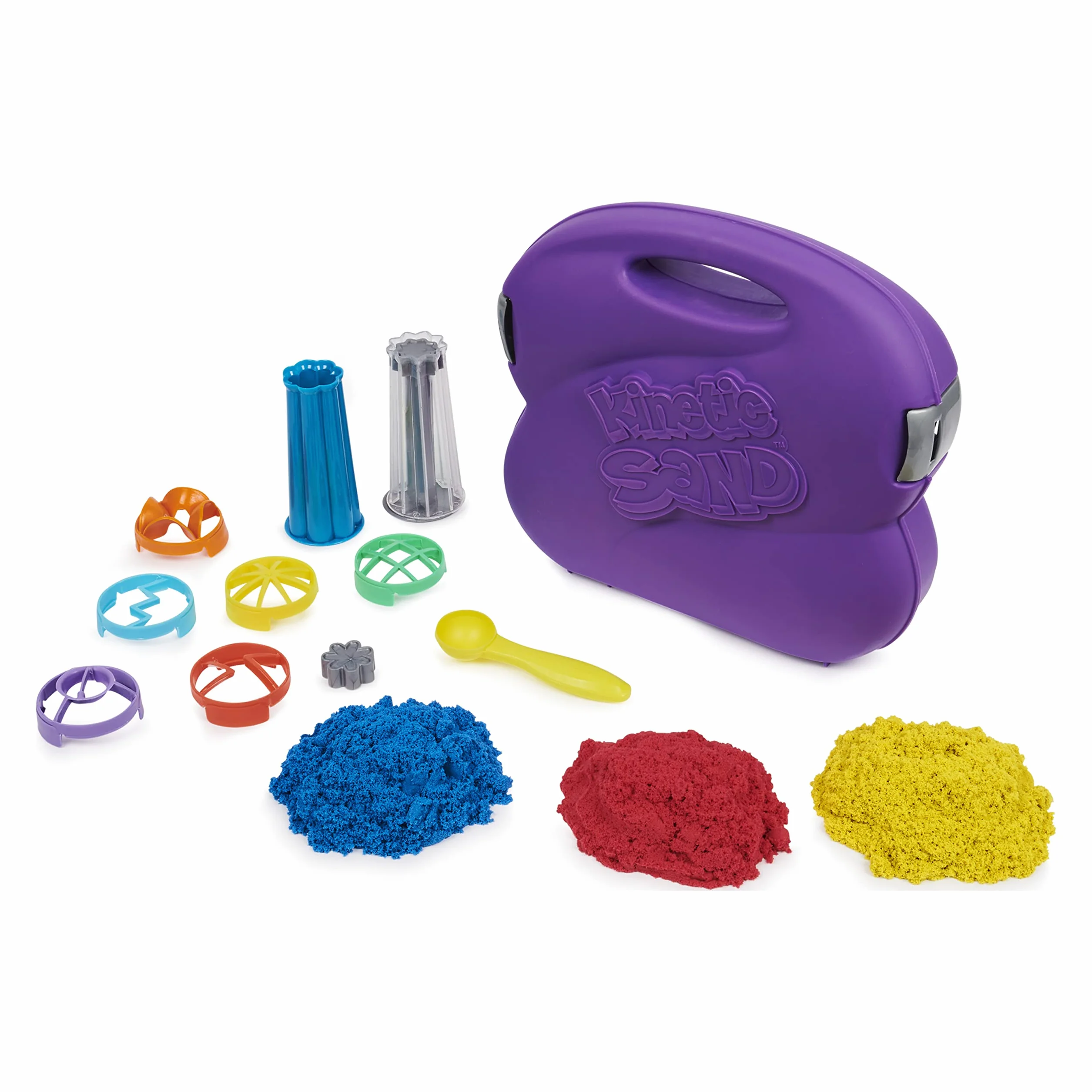 Kinetic Sand, Fontanna piasku, 3 kolory piasku kinetycznego z 10 akcesoriami, dla dzieci od 3 lat