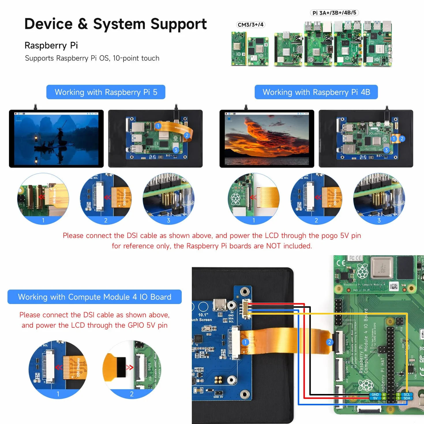 Waveshare 7inch DSI Capacitive Touch Display 2 for Raspberry Pi 5/4B/CM4 IO Board, 1280 x 800, 10-Point Touch, Higher Color Gamut, IPS, Optical Bonding Toughened Glass Panel, DSI Interface