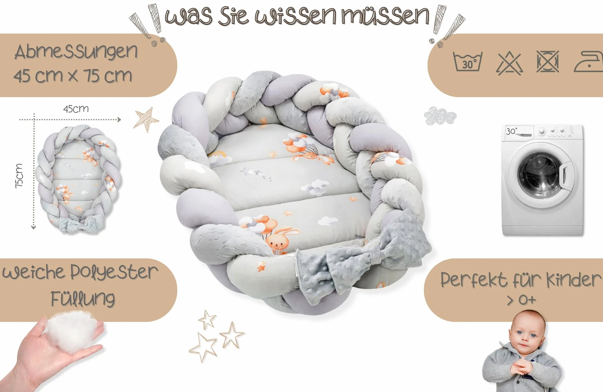 Kokon niemowlęcy - Gniazdo przytulanka zestaw z poduszką warkocz składany dwustronny kokon dla noworodków 75X45 cm królik