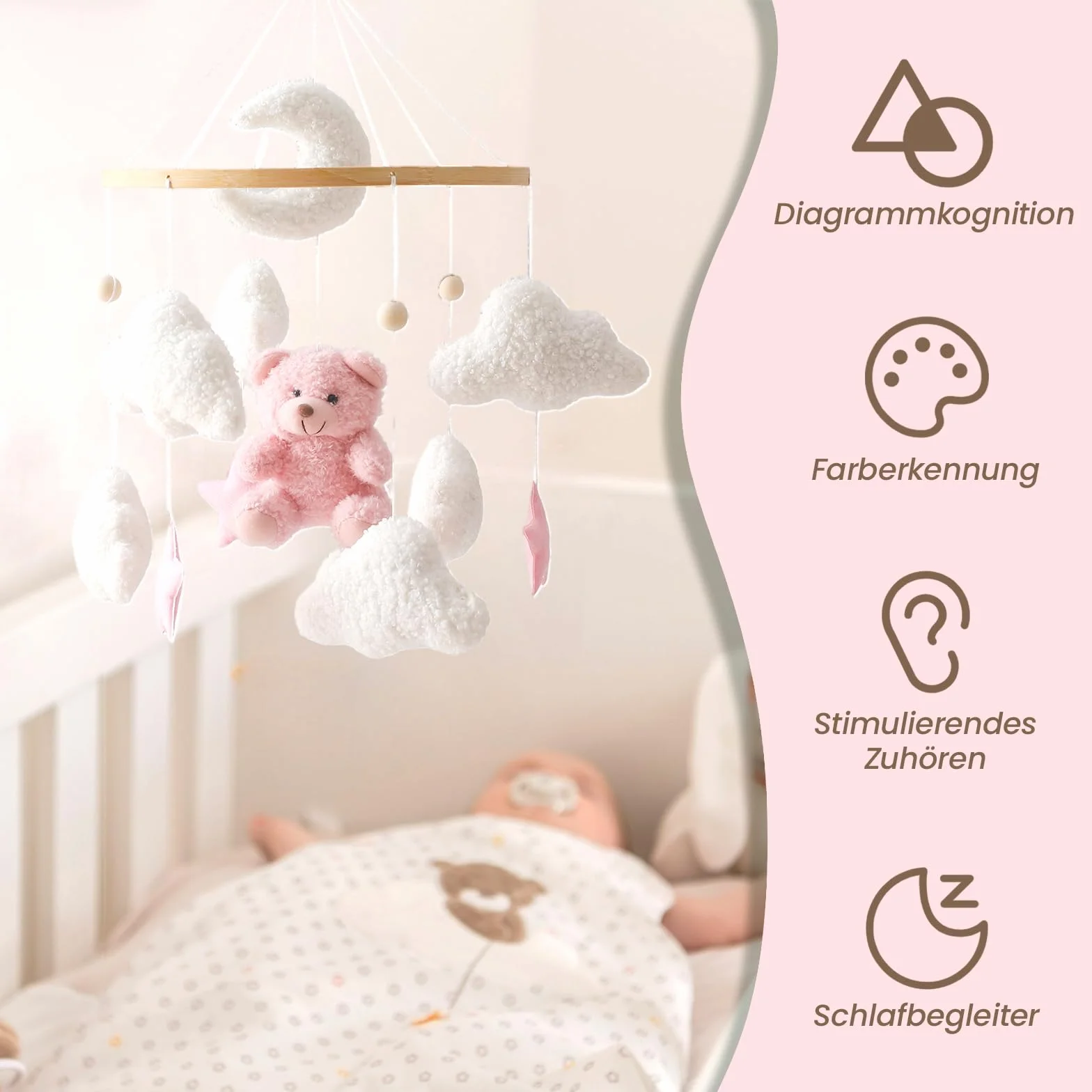 Herfair Mobile Baby Dzwonek do łóżeczka dziecięcego z pluszowym misiem, drewniany, do zawieszenia na łóżeczko dziecięce, różowy
