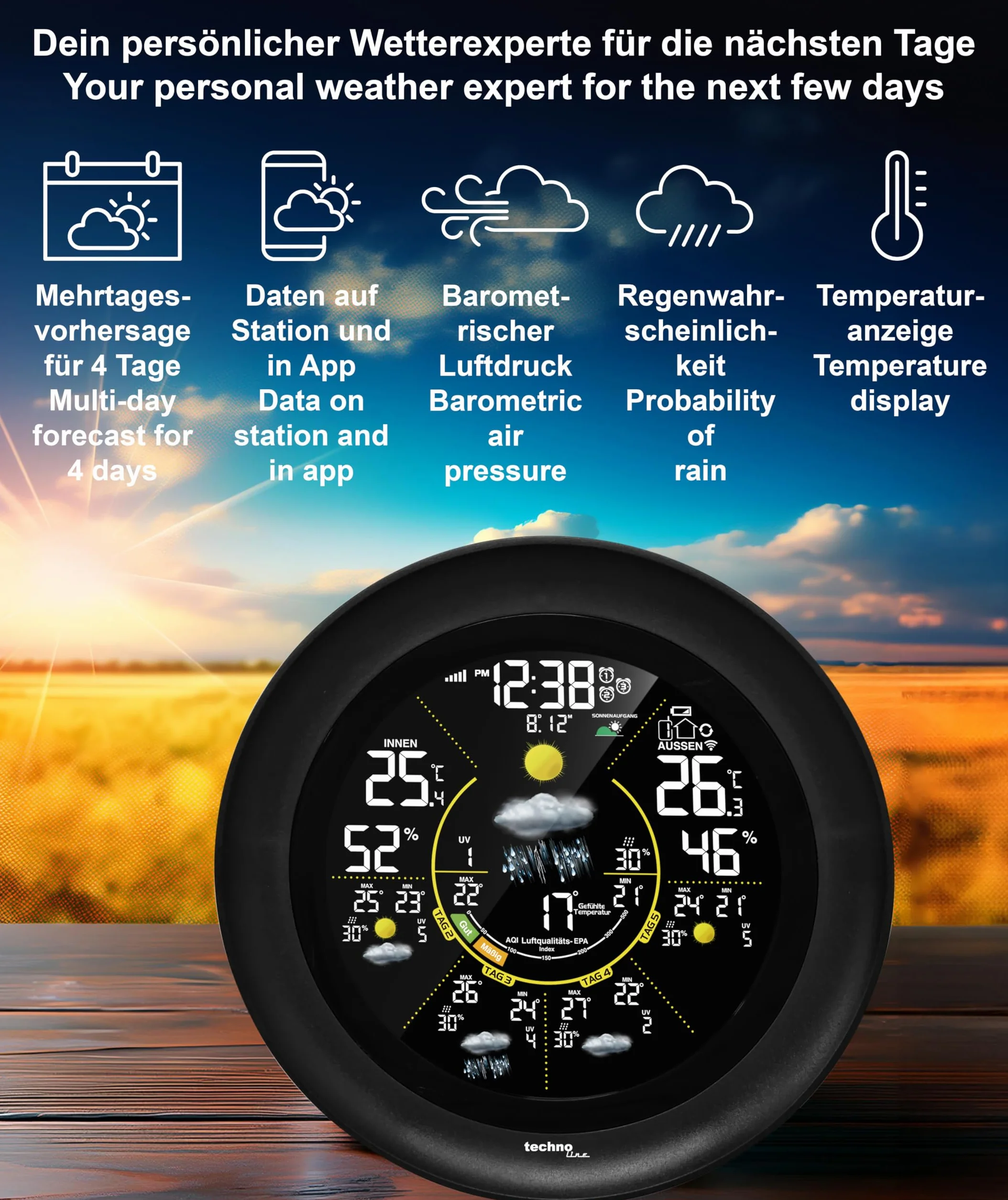 WD3040 internetowa stacja pogodowa, elegancki specjalny design, regionalna prognoza pogody, temperatura, korzystanie z aplikacji pogodowej, dodatkowe dane na smartfonie