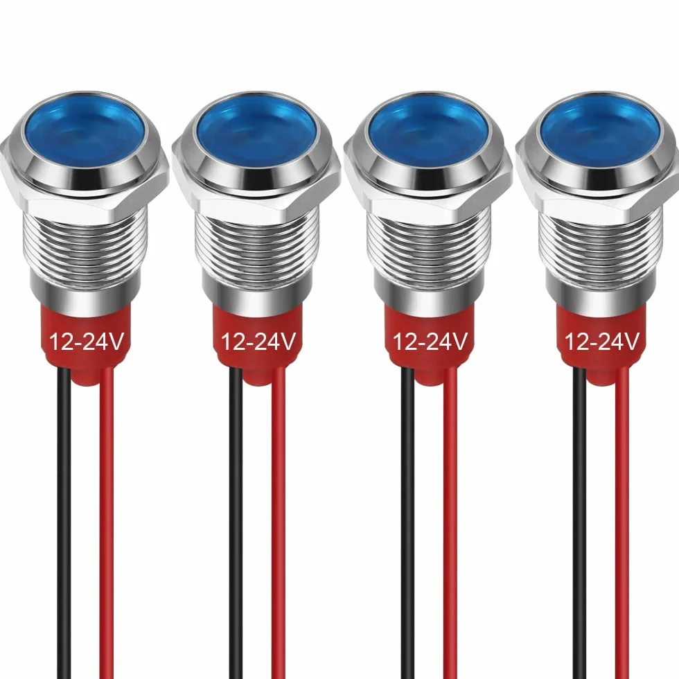 GUUZI 10mm Lampka Kontrolna LED 12-24V Wodoodporna Lampka Sygnalizacyjna Panel Metalowy Wskaźnik LED Lampka Sygnalizacyjna Mocowanie Panelu Głowica Płaska z Przewodami Srebrny Skorupa(Niebieski,4szt)