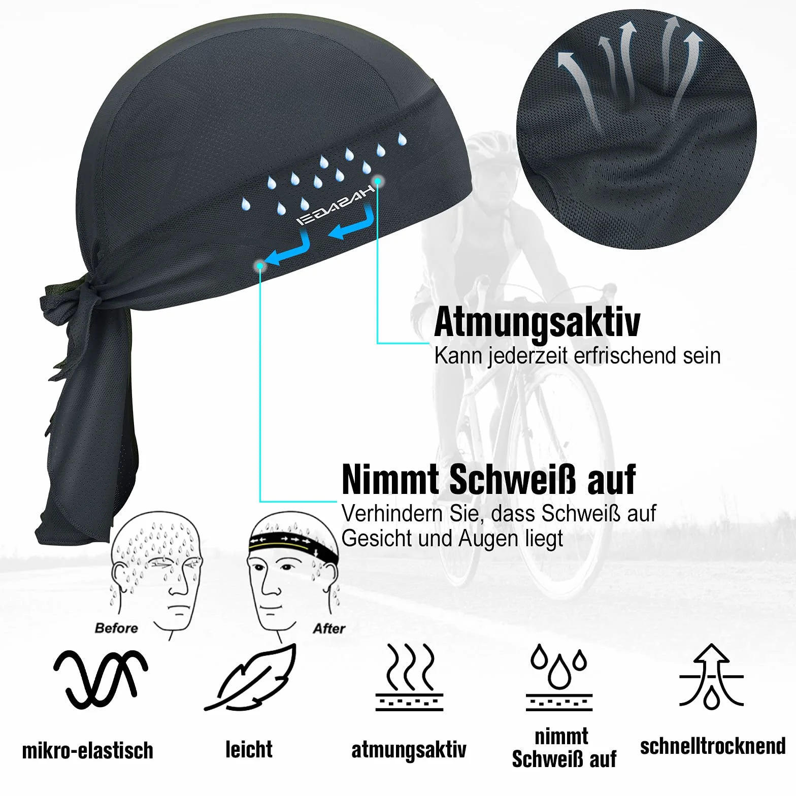 HASAGEI Sportowa bandana Cap Durag Bandana Chustka na głowę Rowerowa Nakrycie głowy Oddychająca, wchłania pot