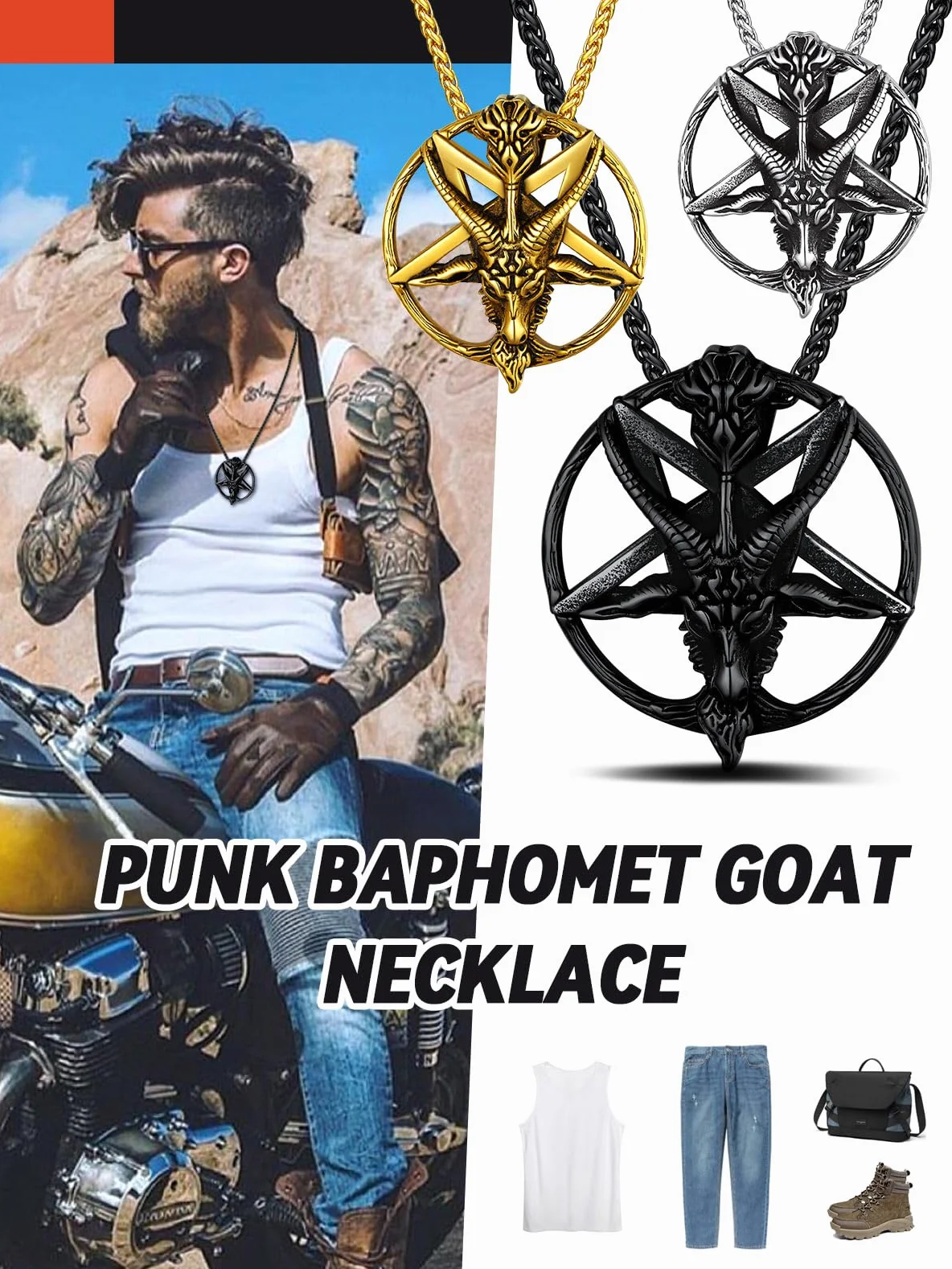 FaithHeart Męski wisiorek w stylu punkowym, szatan, głowa kozy, wisiorek w kształcie pentagramu, z symbolem runy, punk, gotyk, na Boże Narodzenie, Dzień Ojca, Walentynki
