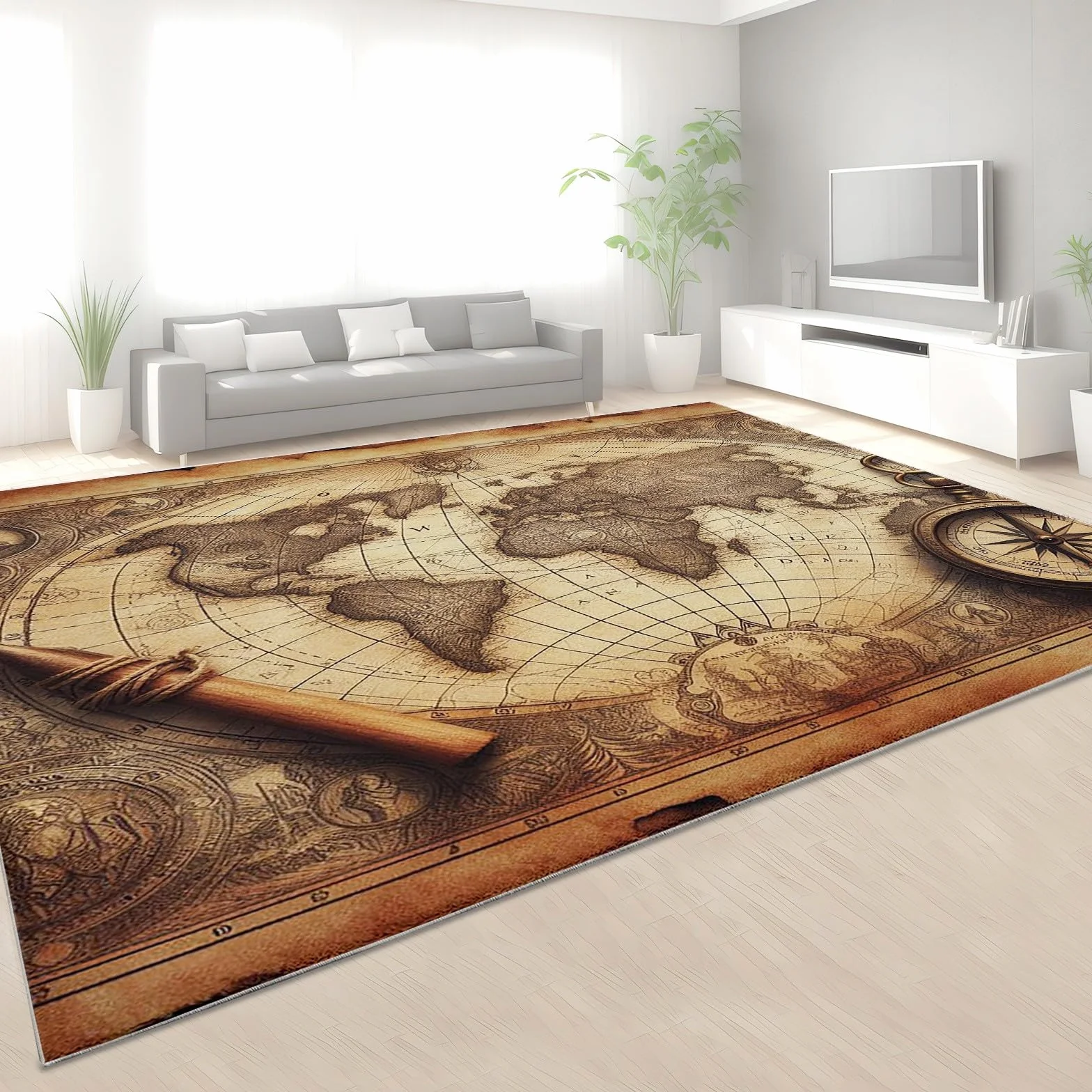 Dywanik, mapa świata, brązowy, 140 x 200 cm, nowoczesny, antypoślizgowy, puszysty dywan, do salonu, sypialni, pokoju dziecięcego
