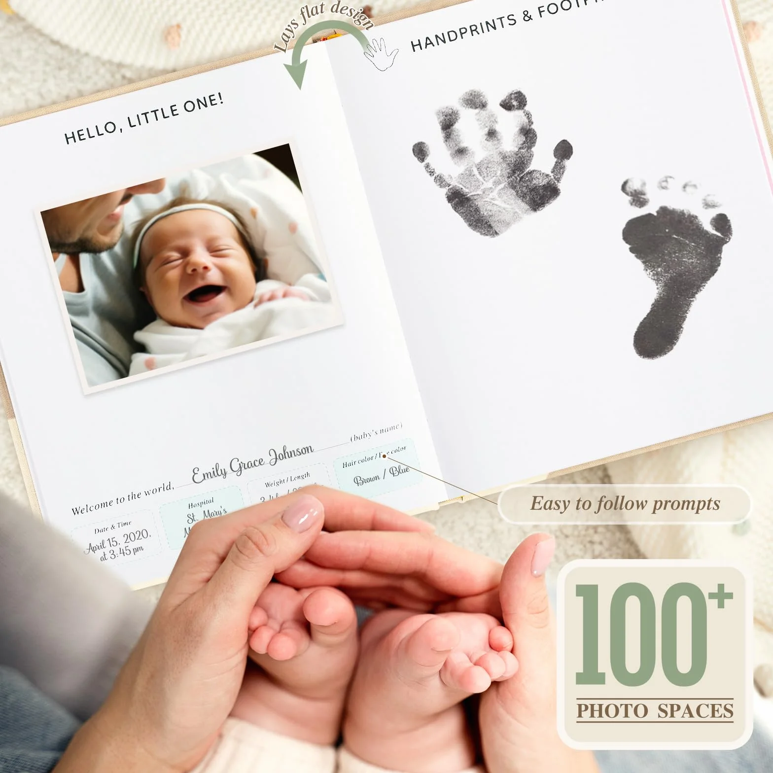 Lanpn Hello Baby Pierwsza 5-letnia książka pamiątkowa dla noworodka, liana twarda okładka, pamiętnik dla nowych rodziców, album fotograficzny, kamień milowy (beżowy,}