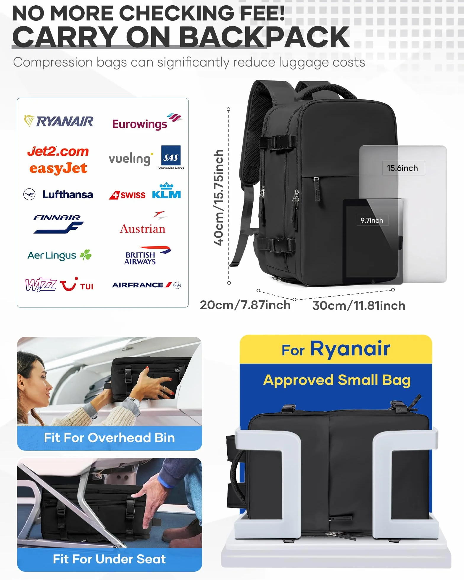 SZSYCN Plecak Próżniowy z Pompką Elektryczną Ryanair Bagaż Podręczny 40 x 30 x 20 Wizzair Torba Podróżna 40x30x20 Torba Kabinowa Ryanair 40x20x25 Laptop Bagaż Podręczny