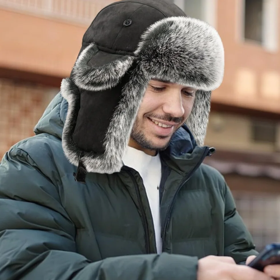 Asudaro Zimowa czapka męska traperska gruba ciepła z klapkami na uszy futrzana rosyjska outdoorowa